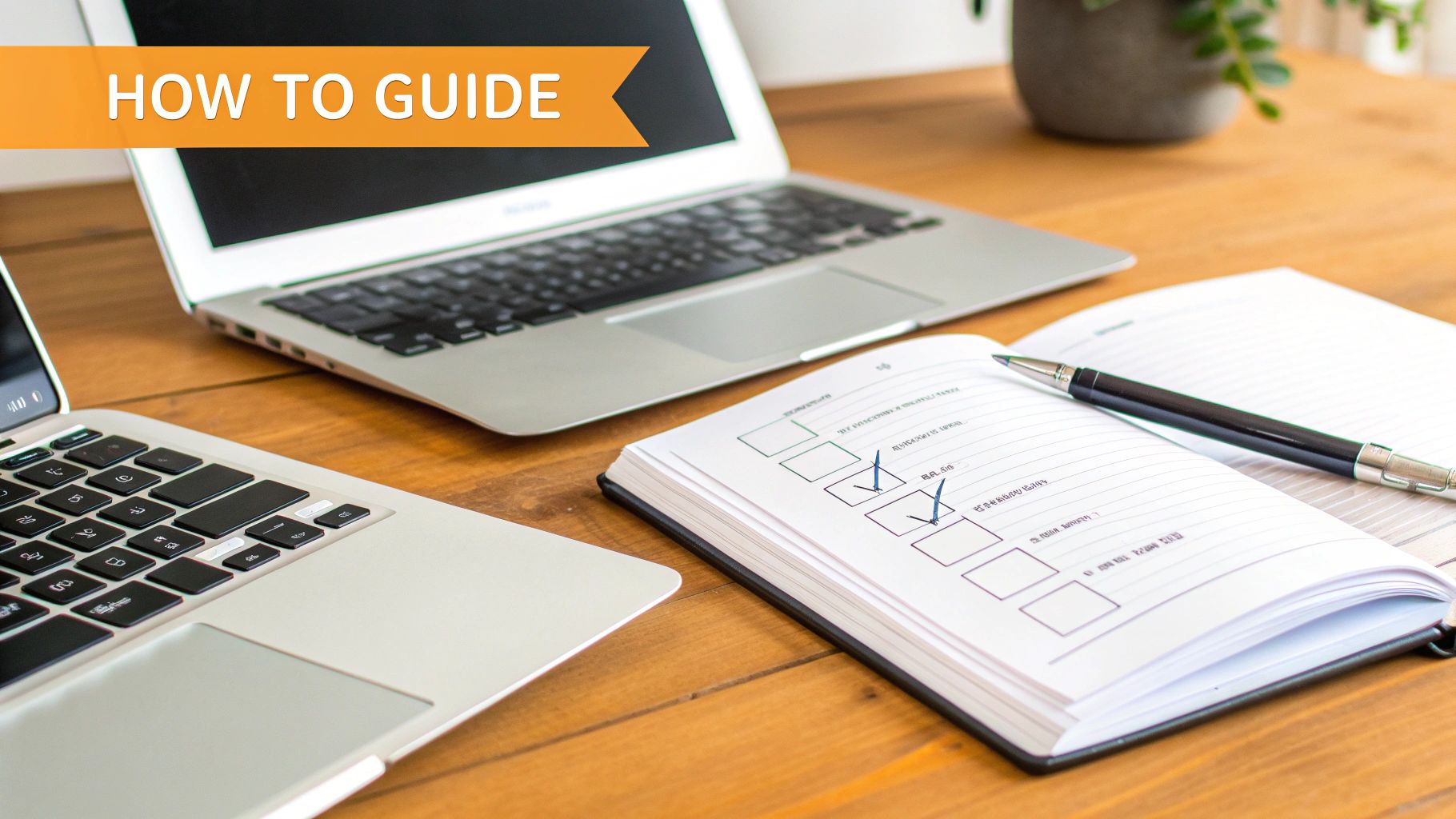 A how-to guide banner on a wooden desk with laptops, an open notebook, a checklist, and a pen.