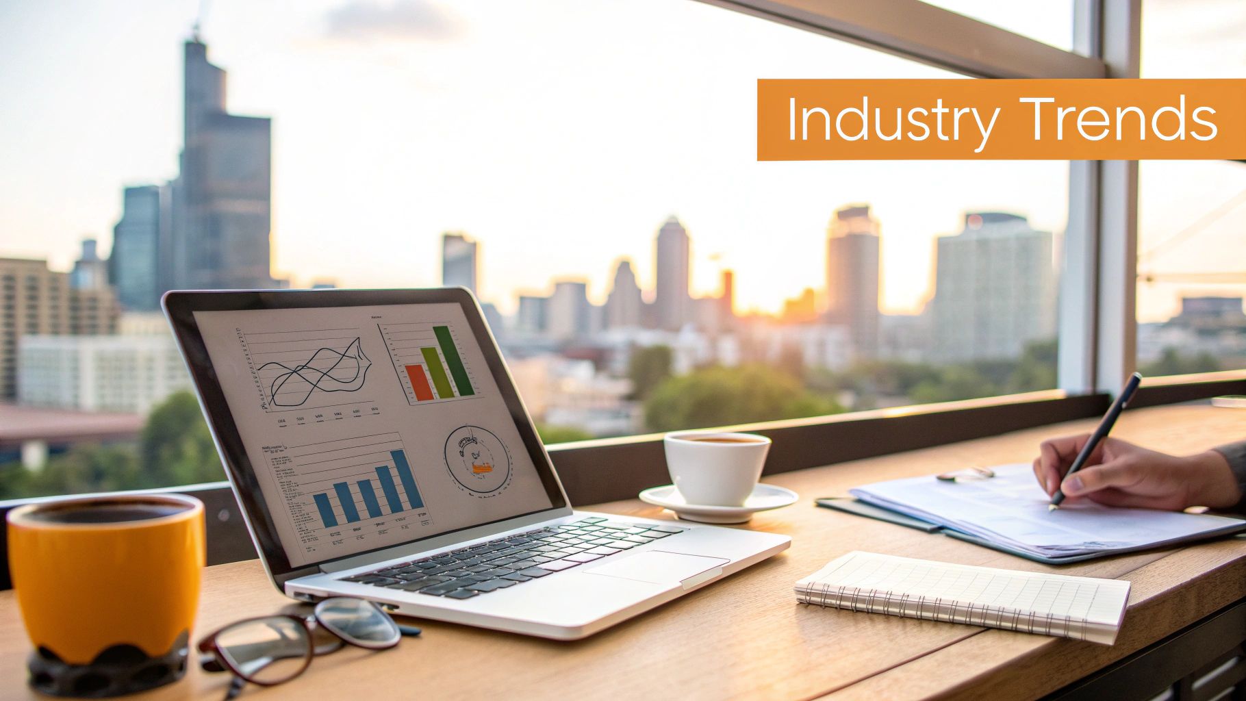 Person working on a laptop displaying financial graphs and data with a cityscape backdrop.