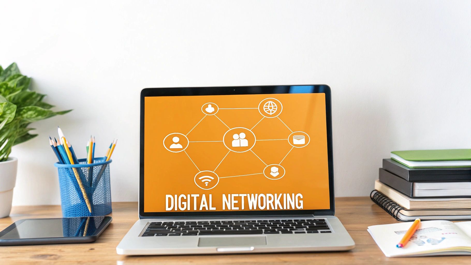 A person using a laptop and phone to connect with others, symbolizing the digital shift in networking.