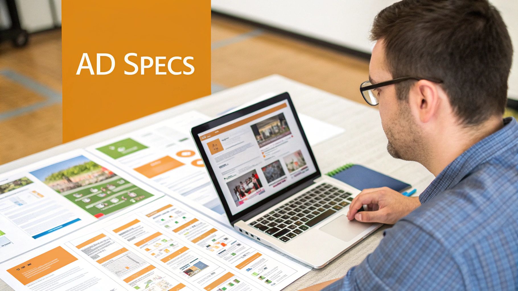 A man wearing glasses working on ad specifications, viewing designs on a laptop and documents.