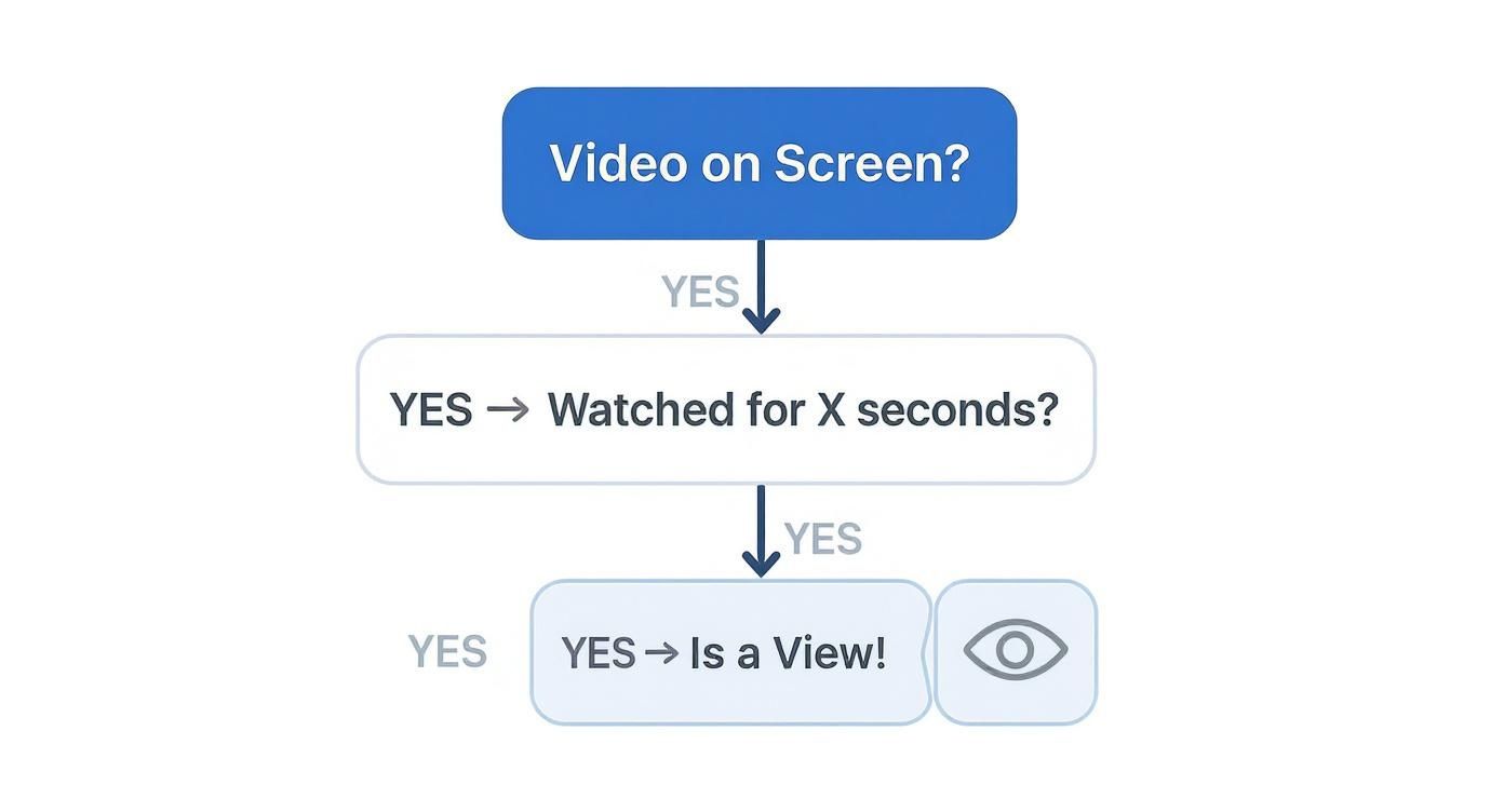 Flowchart illustrating the conditions for a video view: video on screen, then watched for X seconds.
