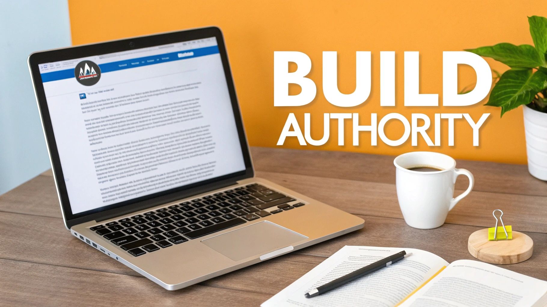 A laptop on a wooden desk displaying a webpage, alongside an open book, coffee mug, and a plant, with text 'BUILD AUTHORITY'.