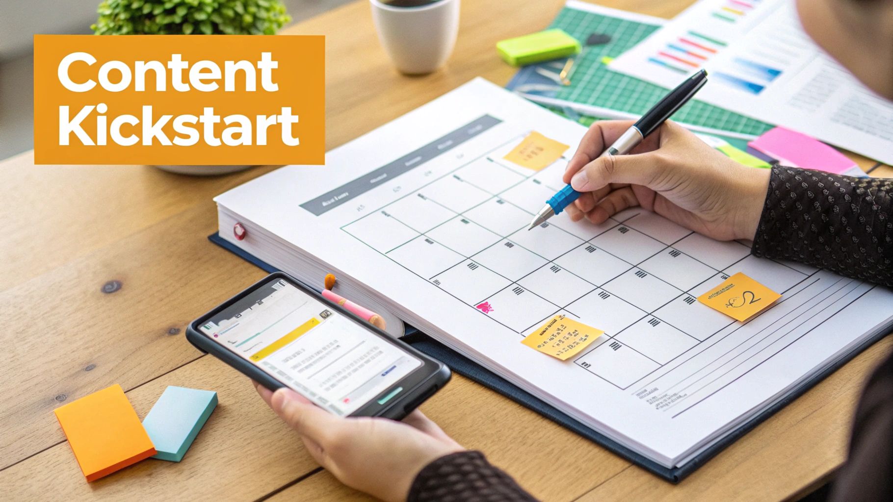 A person's hands planning content on a calendar with a pen and a smartphone, displaying 'Content Kickstart'.