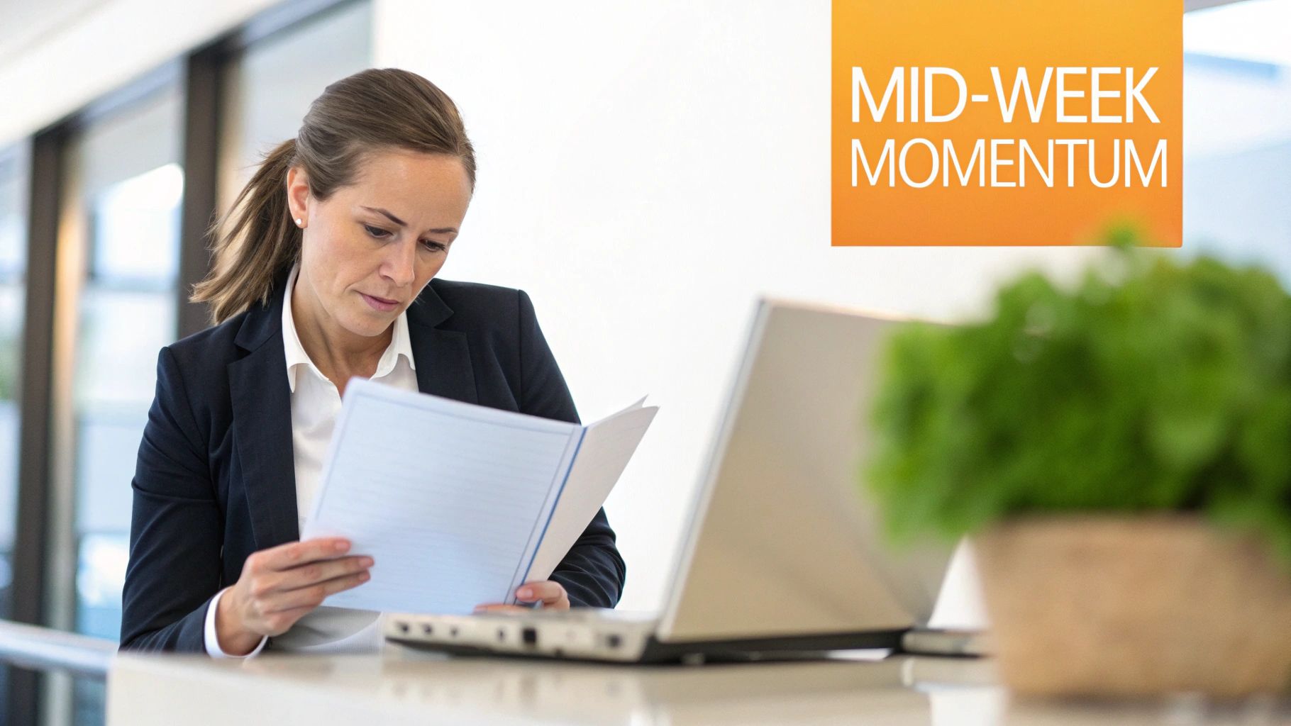A focused businesswoman in a suit reviews documents at a desk in a bright office.