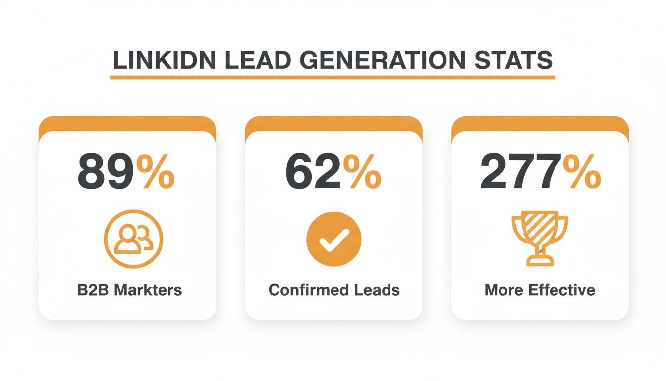 LinkedIn lead generation statistics showing percentages for B2B marketers, confirmed leads, and effectiveness.