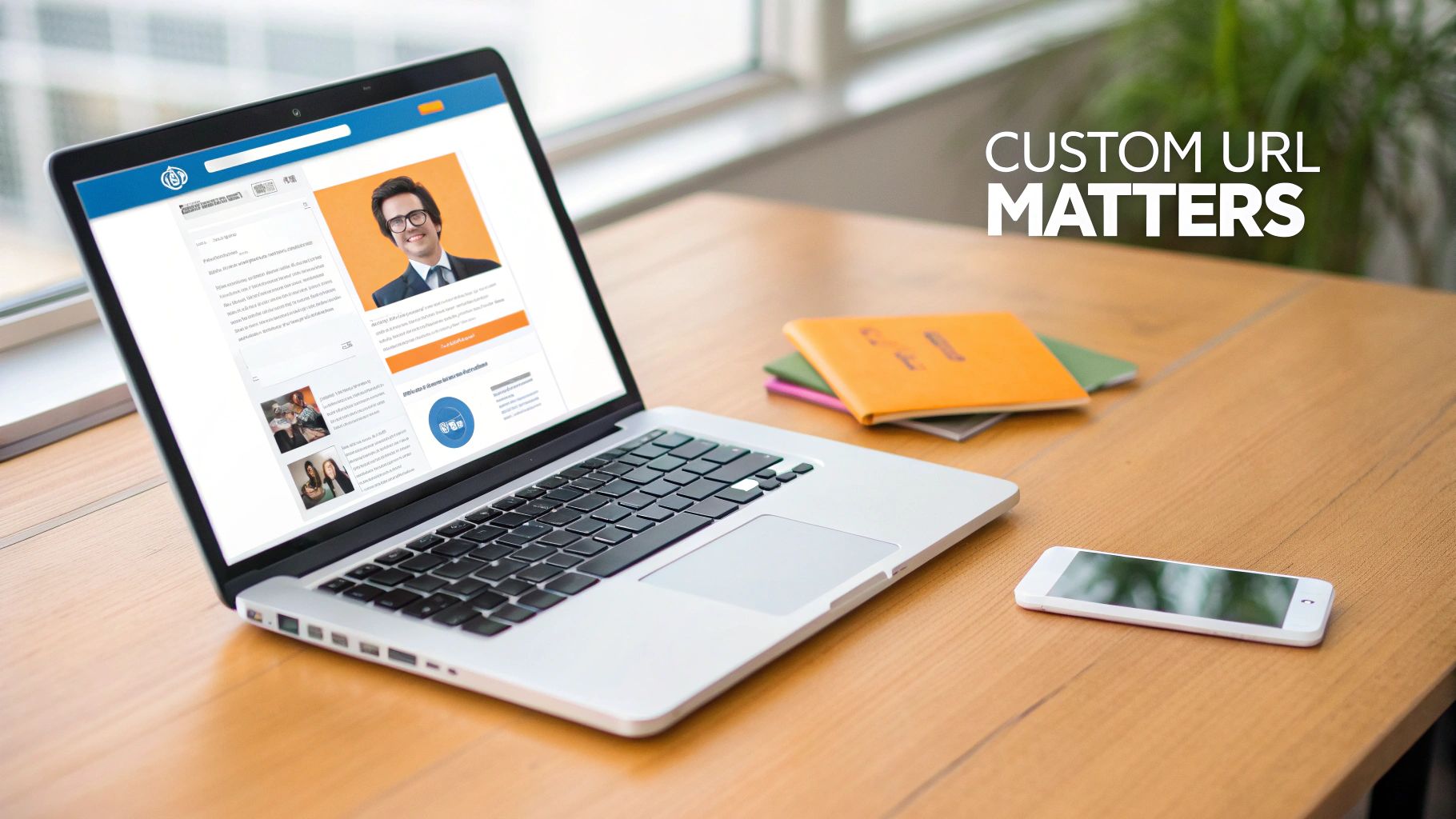 A person pointing to a customized LinkedIn profile URL on a laptop screen.