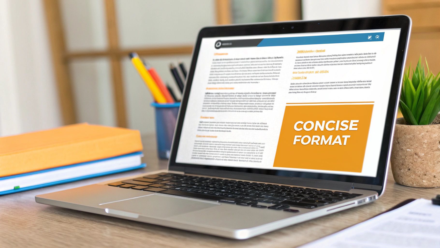 A laptop screen displays 'CONCISE FORMAT' text, surrounded by books and office supplies on a wooden desk.