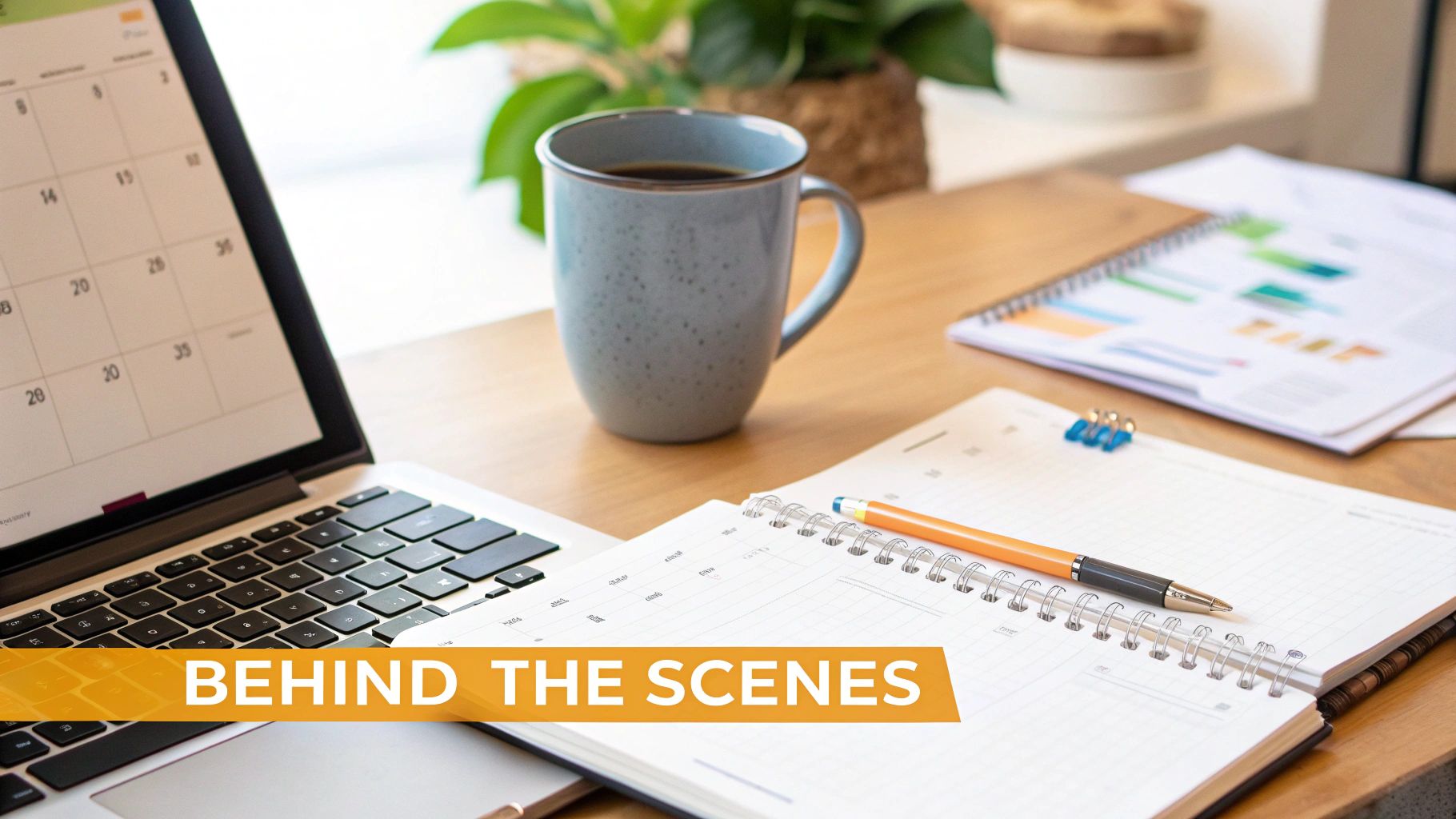 A productive workspace featuring a laptop, coffee mug, notebook, pen, and business documents on a wooden desk.