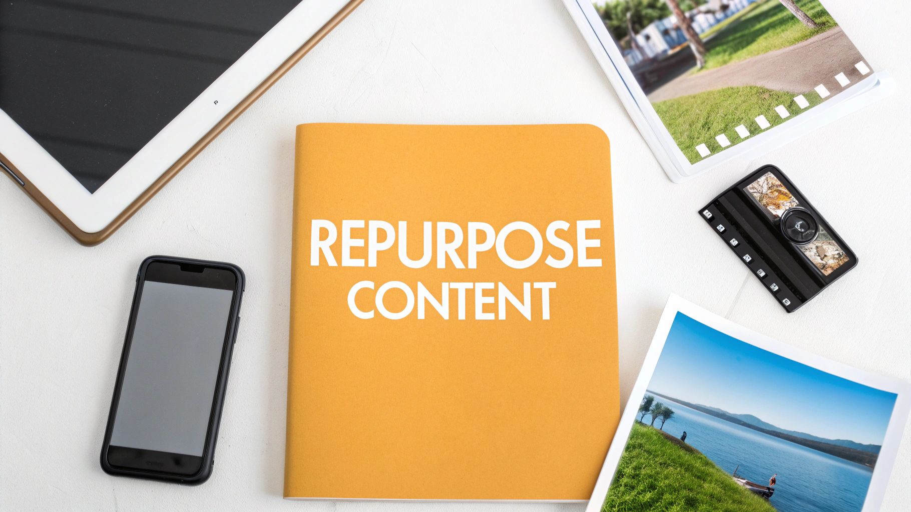 Overhead shot of a white desk with content creation tools and a notebook titled 'REPURPOSE CONTENT'.