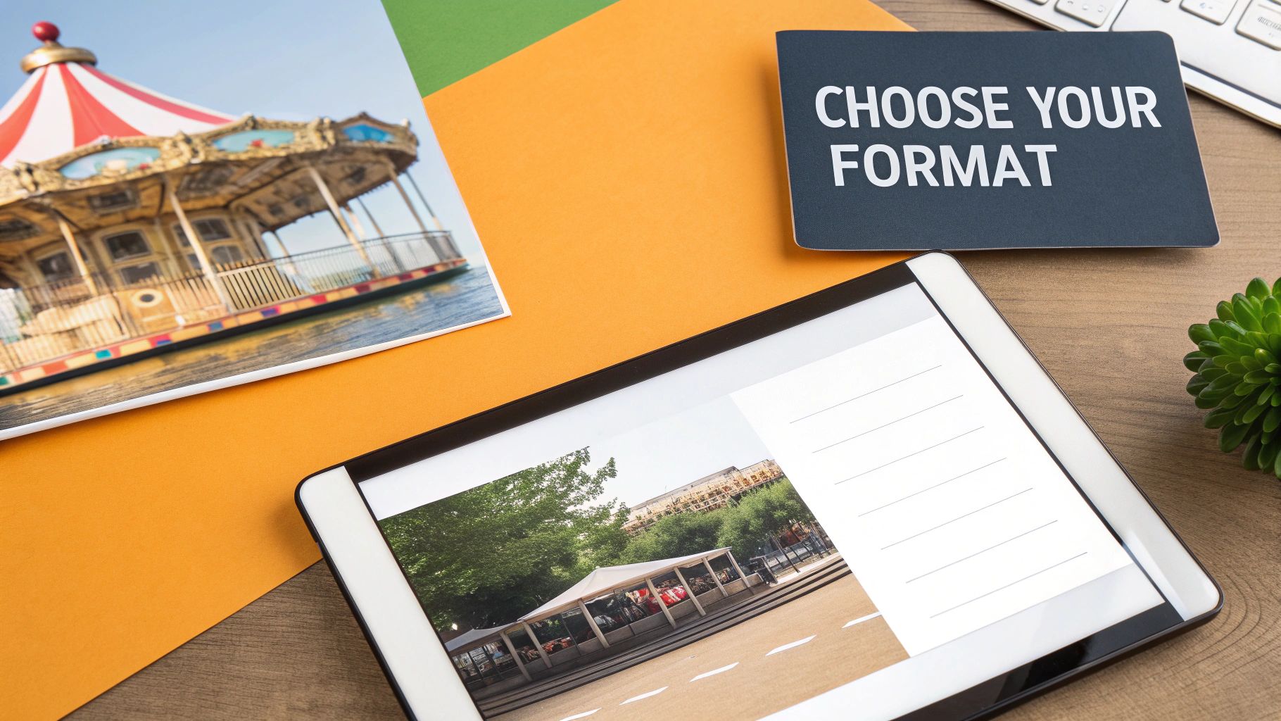 A flat lay shows a printed photo, a tablet displaying an image, and a 'CHOOSE YOUR FORMAT' card.