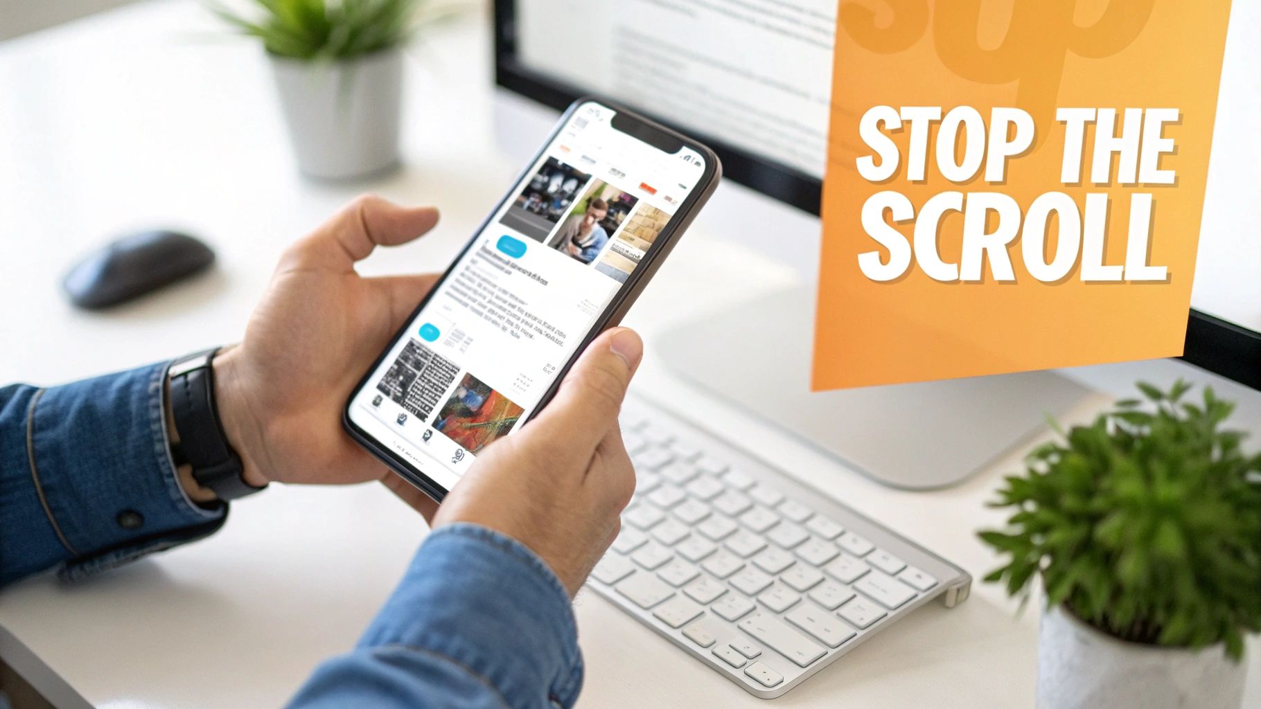 Person holding a smartphone scrolling through content, with a computer monitor displaying 'STOP THE SCROLL' text.