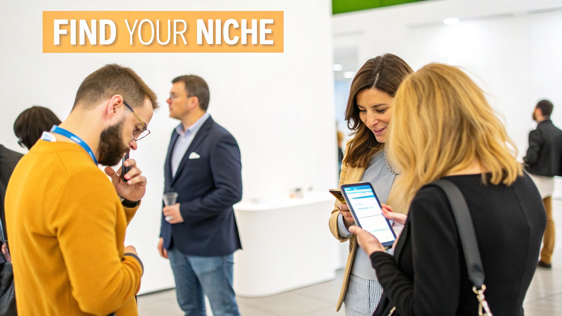 Professionals networking at an event, engaged with mobile devices and conversations.