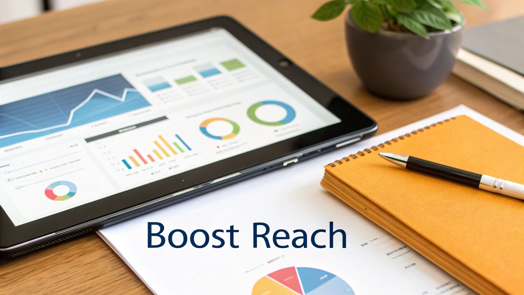 A tablet displaying marketing data charts, a pen on a notebook, and a document saying 'Boost Reach' on a wooden desk.