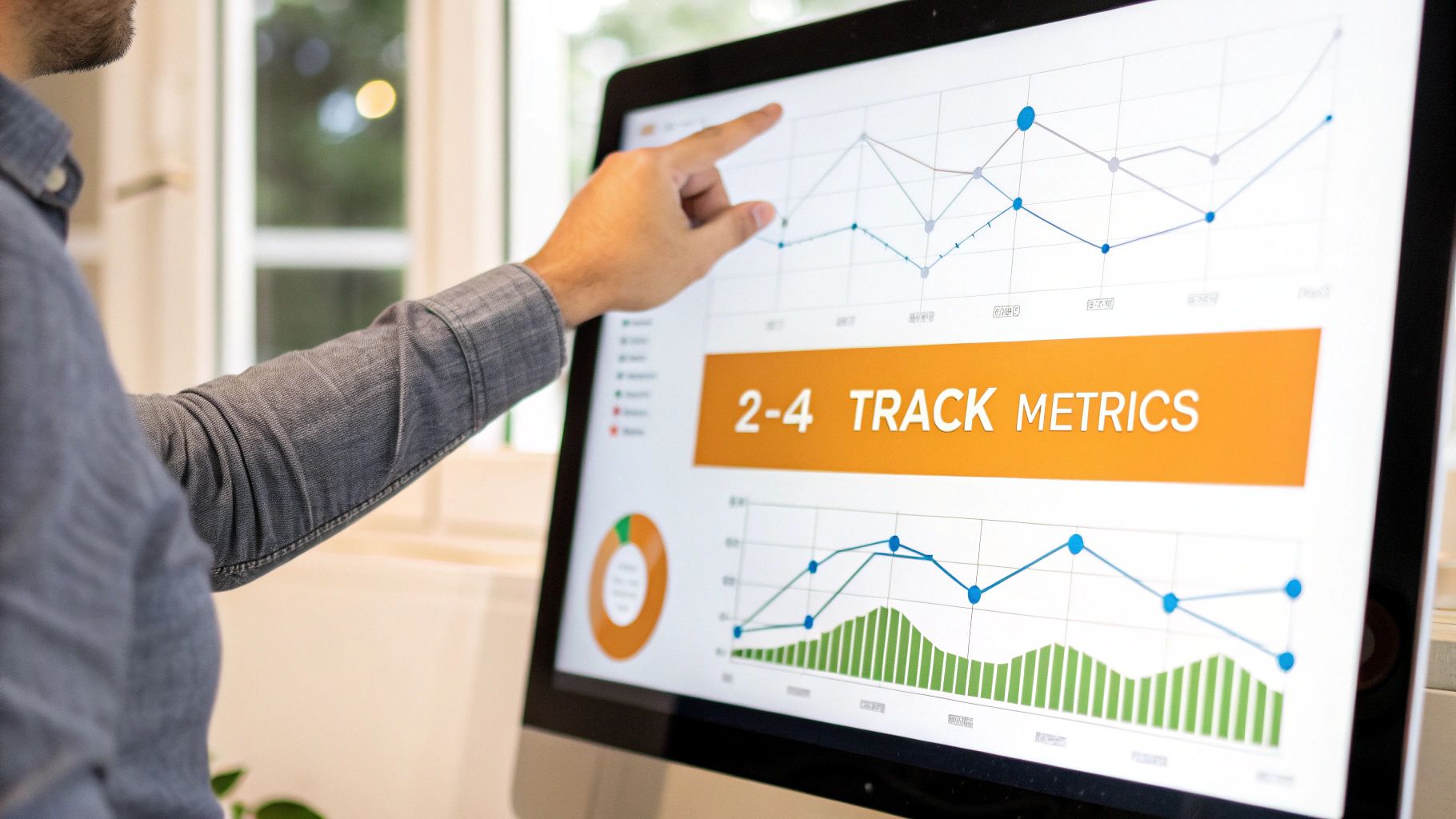 A man points at a computer screen showing data analytics graphs, charts, and '2-4 TRACK METRICS'.