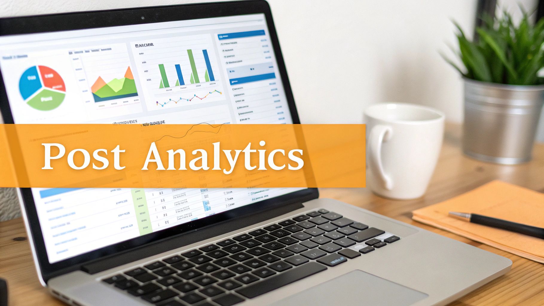 Laptop displaying Post Analytics dashboard with charts, graphs, and data tables on a wooden desk.