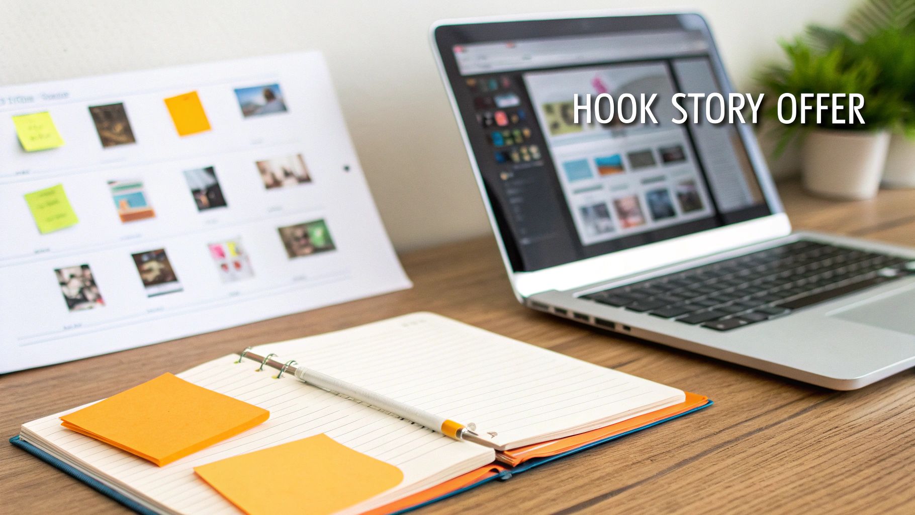 A workspace with a laptop displaying a website, a notebook, and a document with sticky notes, featuring 'HOOK STORY OFFER' text.