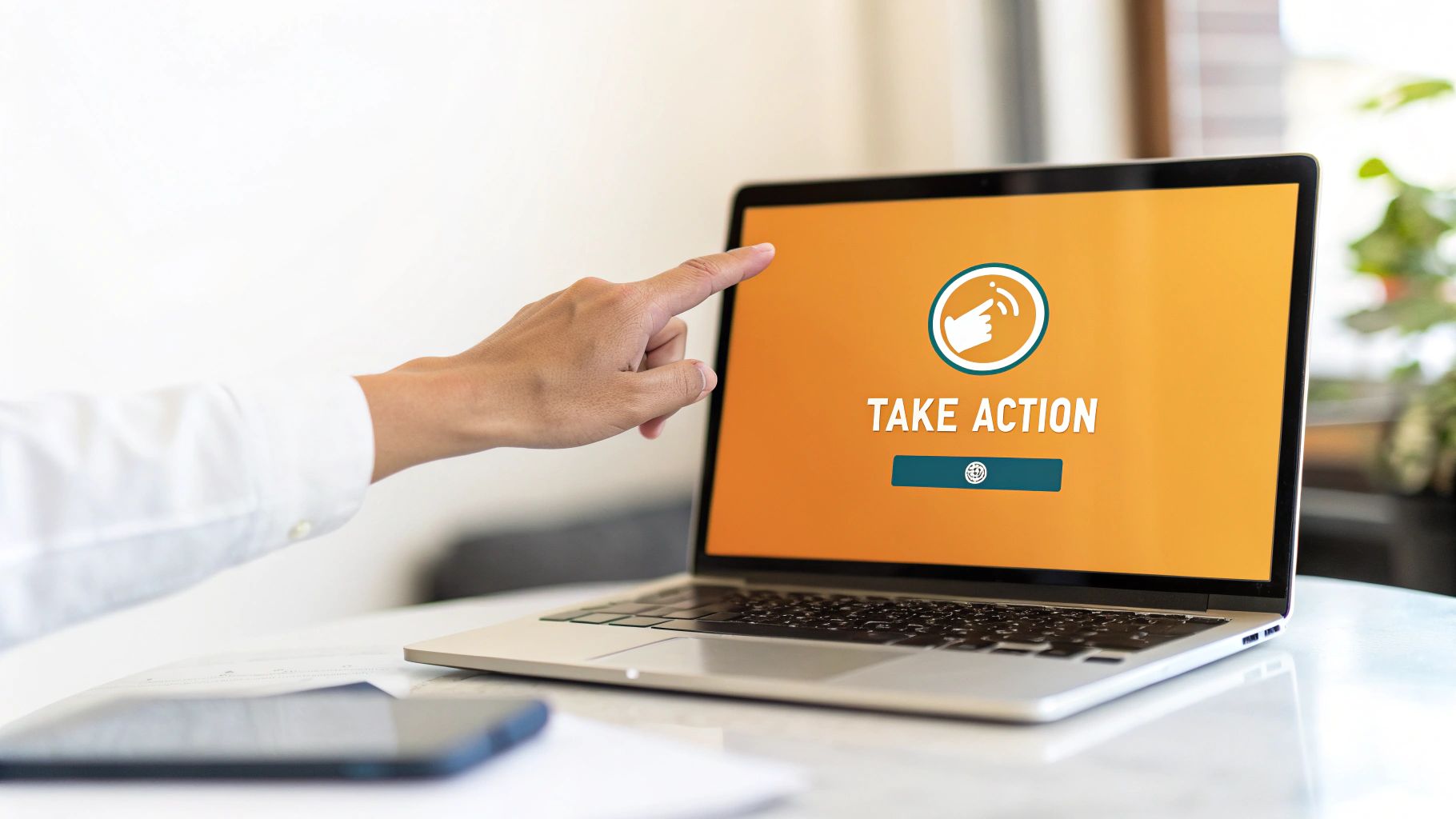A hand pointing at a laptop screen displaying a 'Take Action' message with an icon.