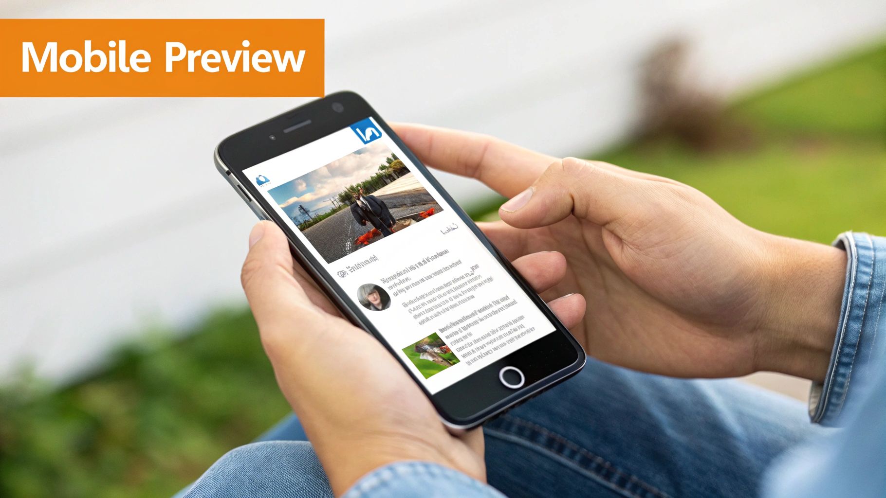 A person holds a smartphone outdoors, viewing a mobile preview of a social media post with an image.