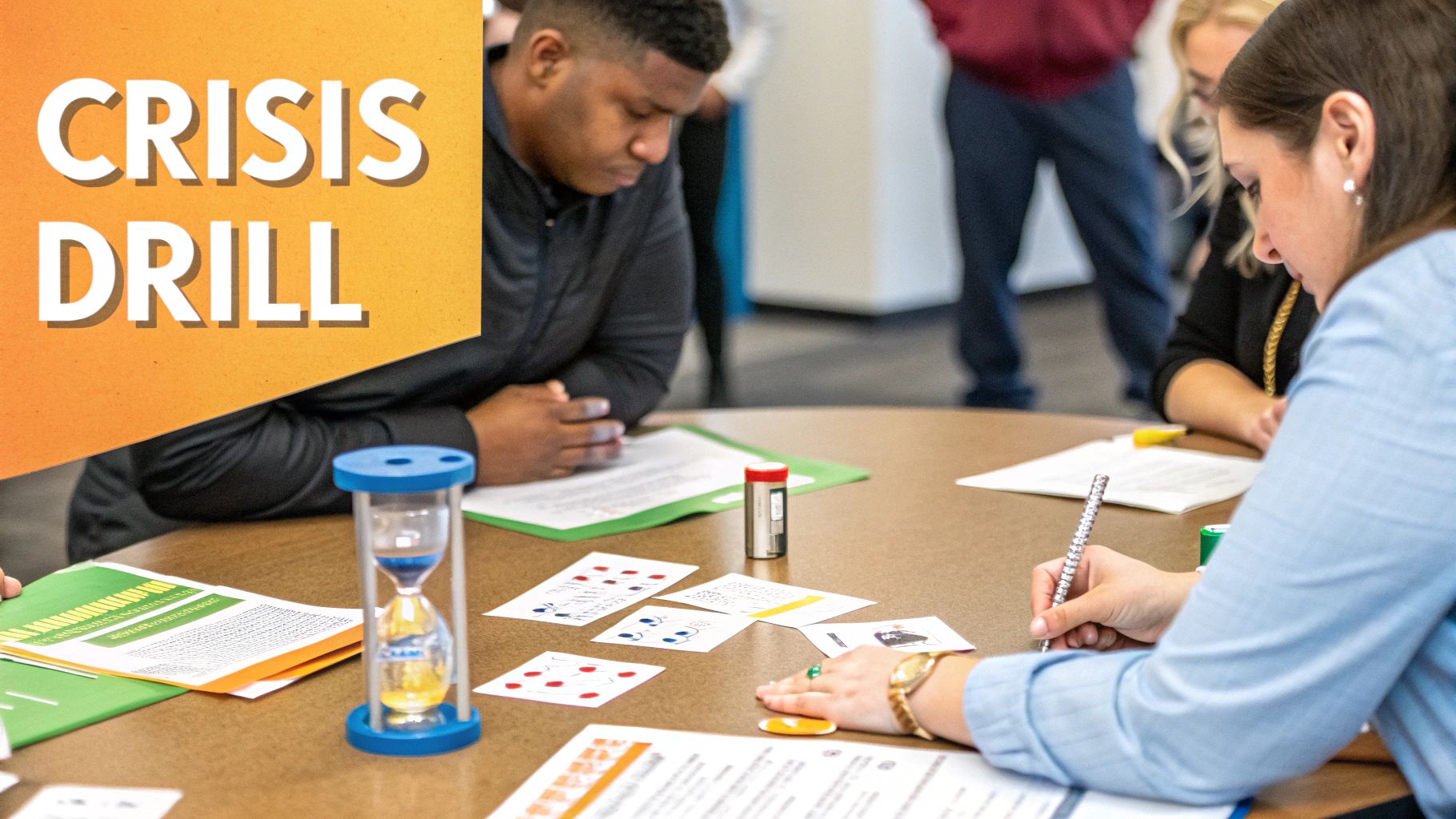 A team is shown around a table with scattered notes, collaboratively discussing and planning, symbolizing a post-crisis review and rebuilding effort.