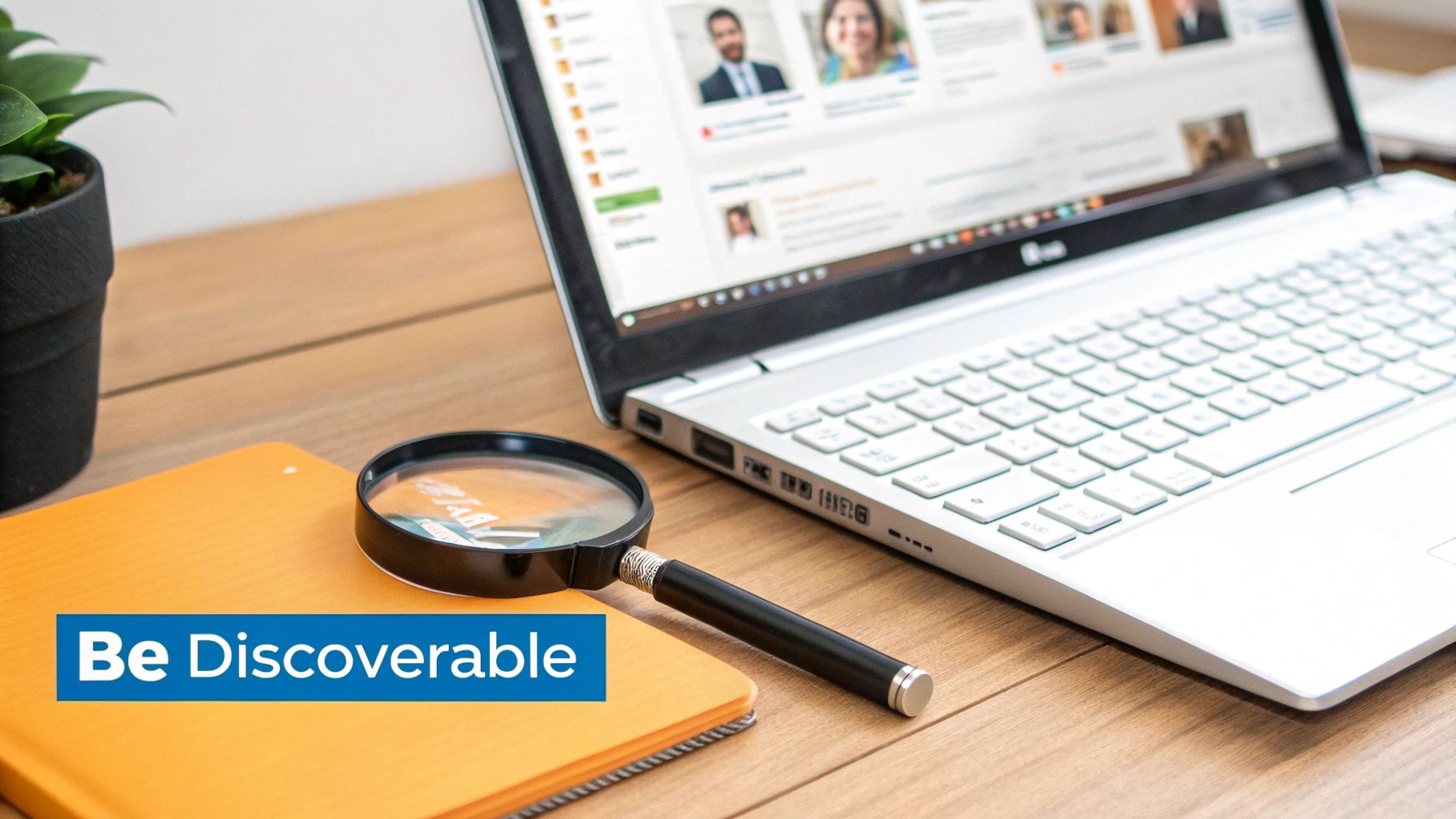 A magnifying glass hovering over a clean, optimized LinkedIn URL, symbolizing improved search visibility.