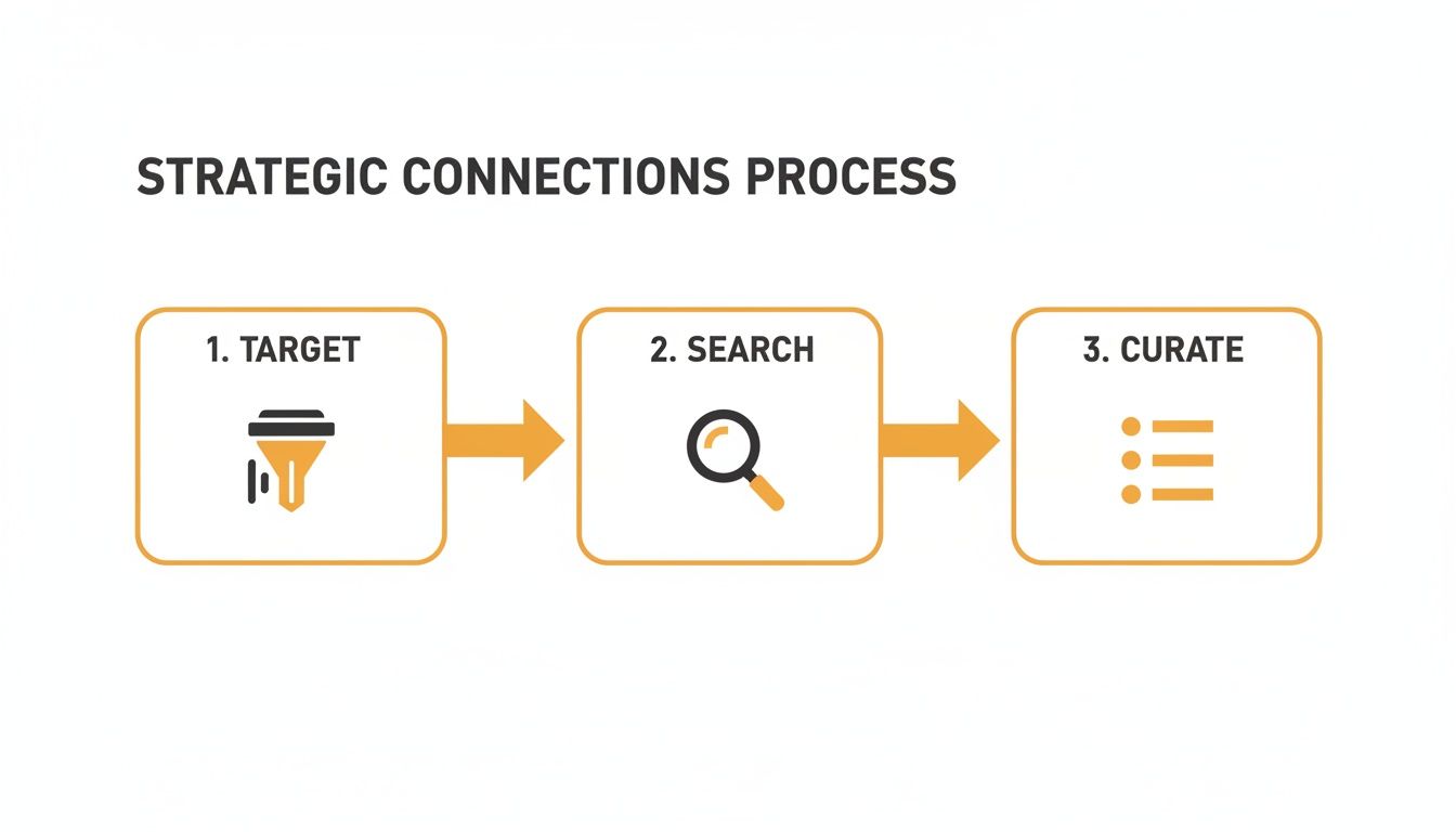 A visual depicting a three-step strategic connections process: Target, Search, and Curate, with icons.