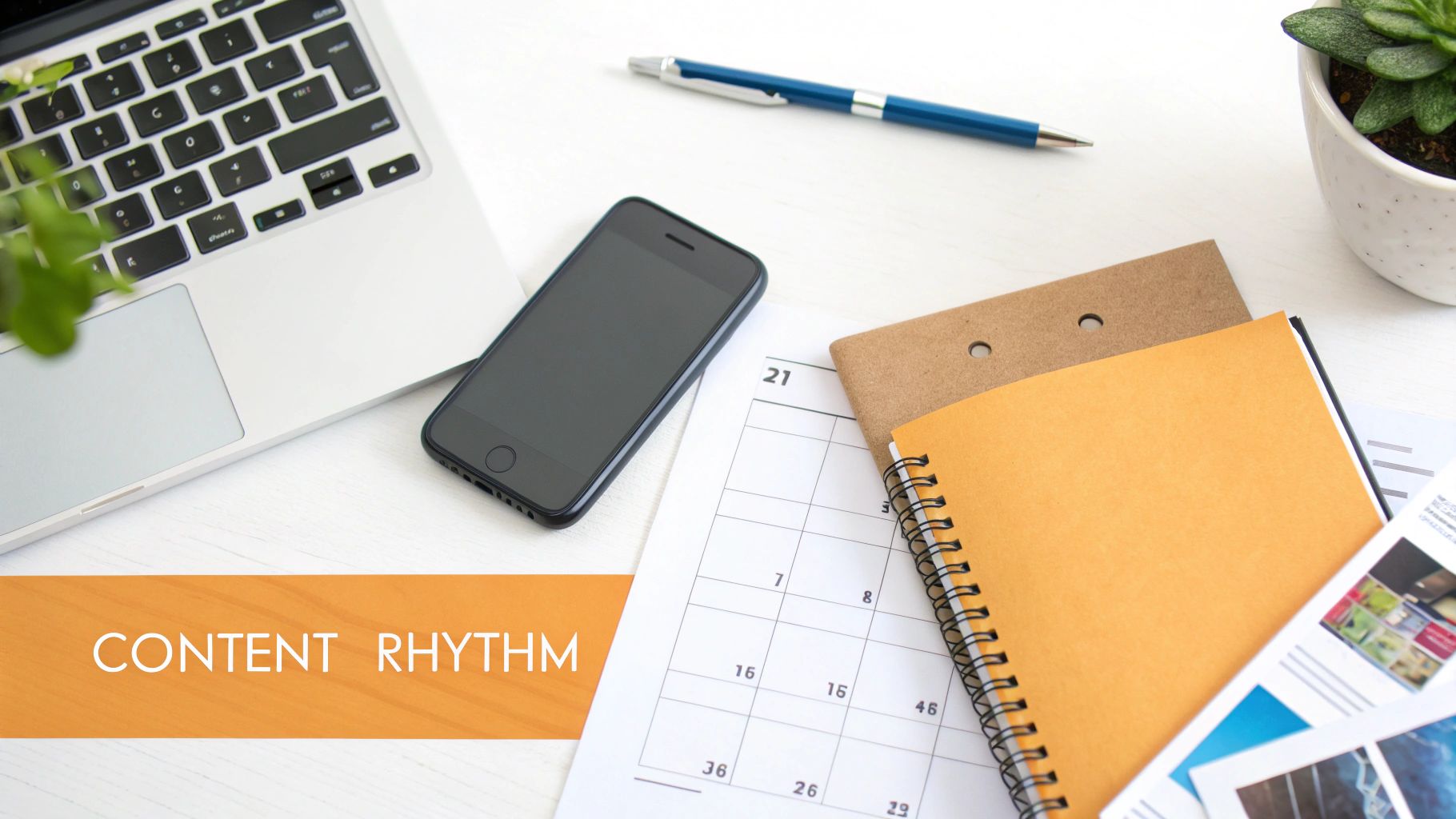 A clean workspace flat lay featuring a laptop, smartphone, pen, calendar, and notebooks, with 'CONTENT RHYTHM' text.
