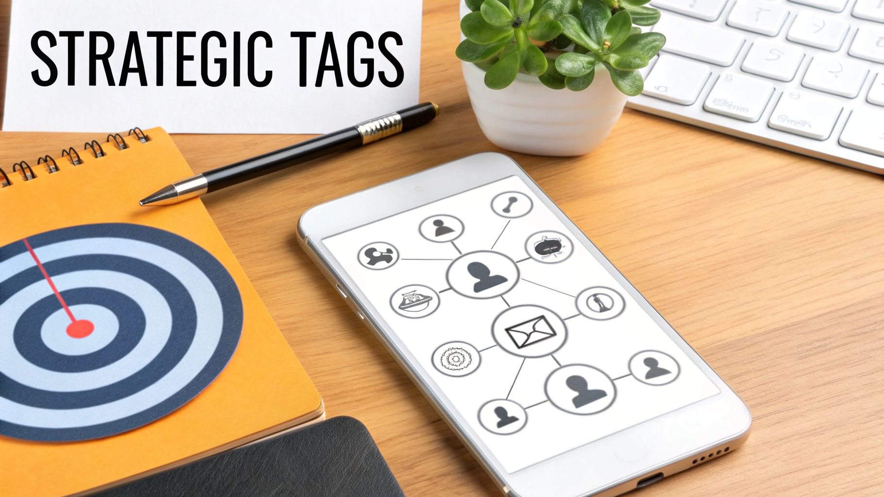 Desk with 'STRATEGIC TAGS' card, target notebook, pen, and smartphone showing a social network diagram.