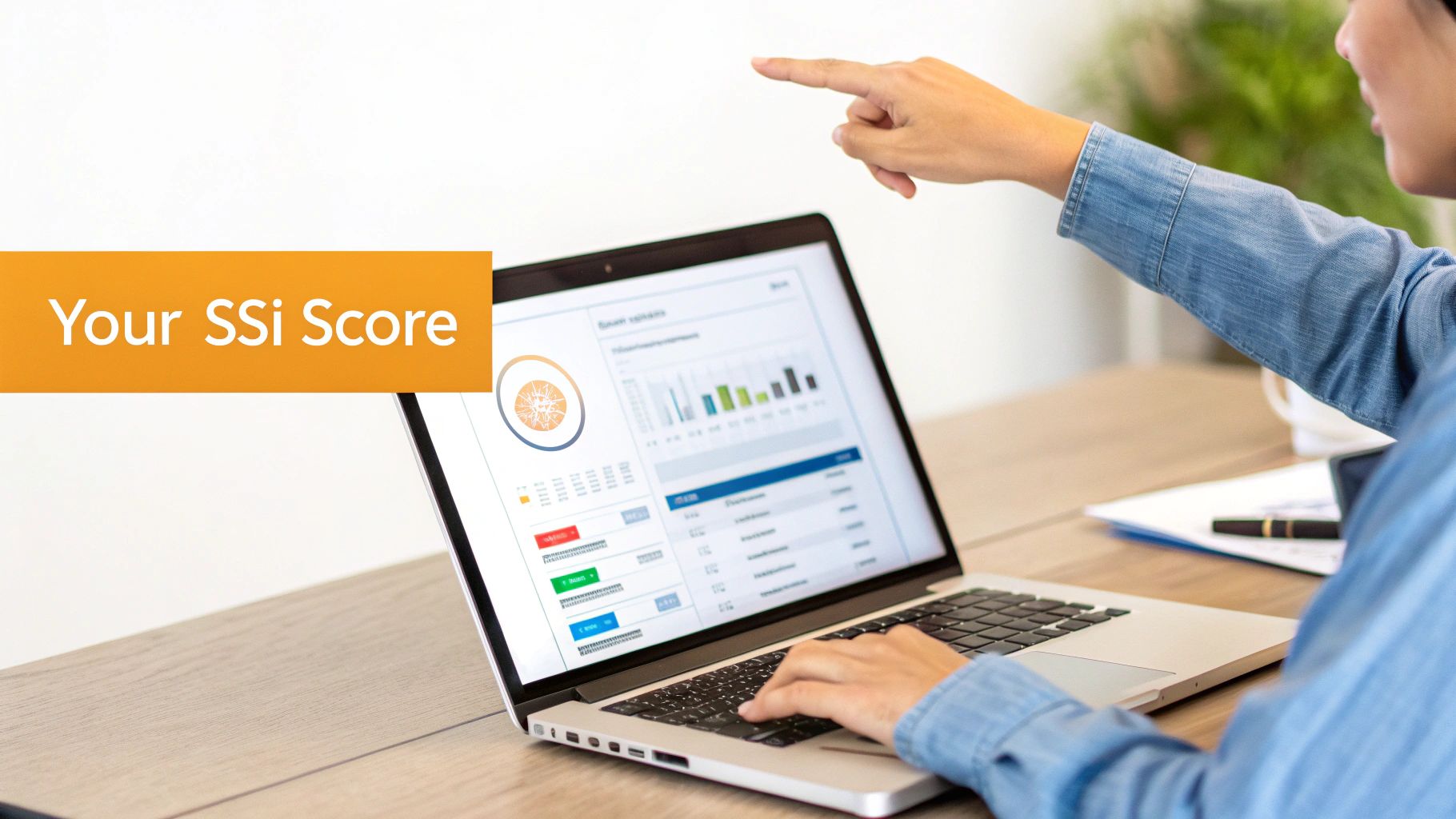 A person in a denim shirt points at a laptop displaying charts and data, with a 'Your SSi Score' banner.