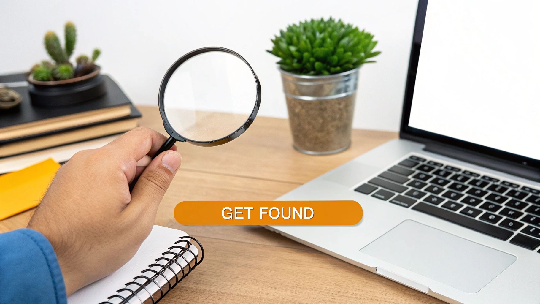 A magnifying glass hovering over a computer screen showing LinkedIn profiles, symbolizing search and discovery.