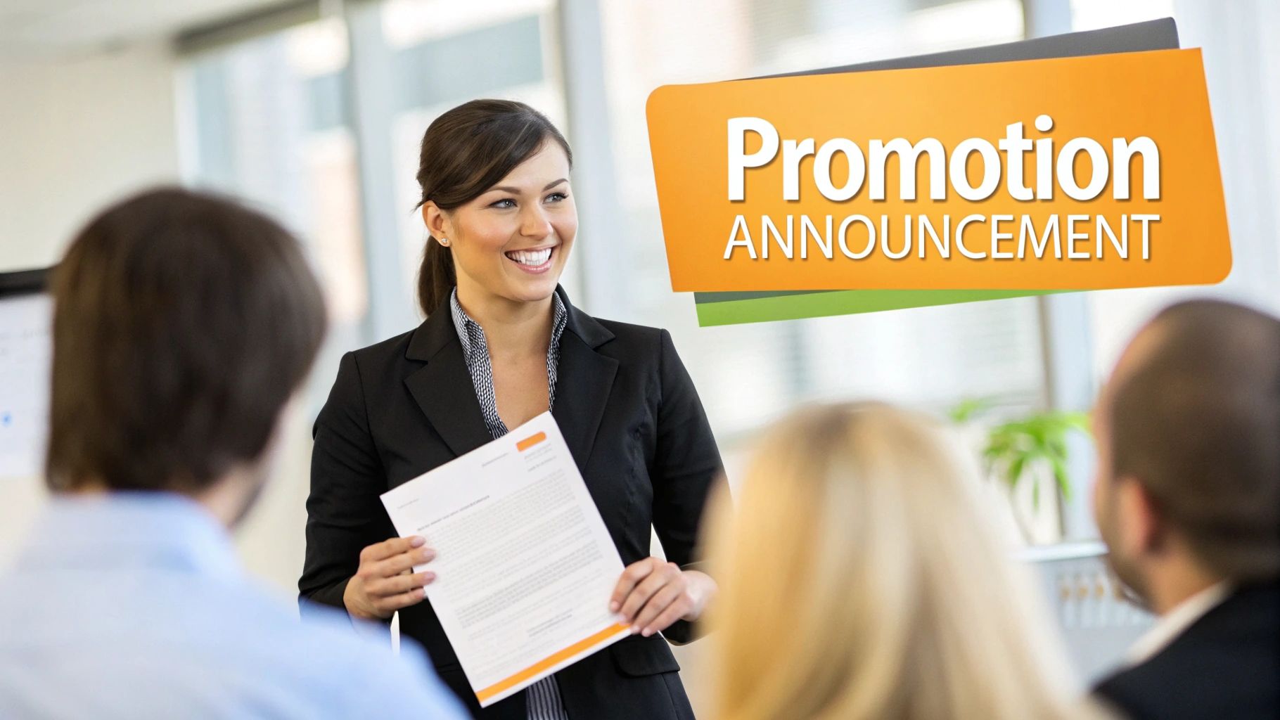 A smiling business woman presents a document to colleagues, with a 'Promotion Announcement' graphic.