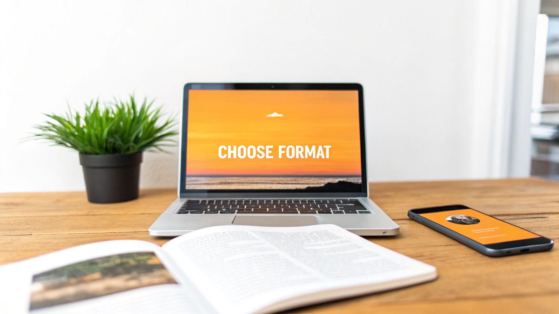 Un bureau minimaliste avec un ordinateur portable affichant "CHOISIR FORMAT", une plante, un smartphone et un livre ouvert.