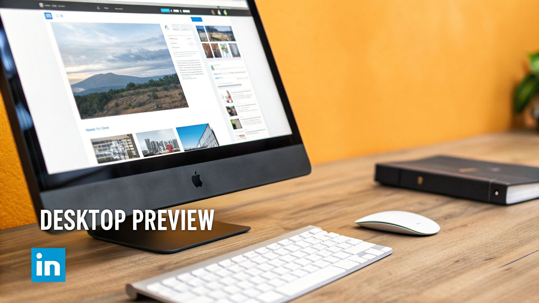 A desktop computer displays a LinkedIn post with images and text, alongside a keyboard and mouse on a wooden desk.