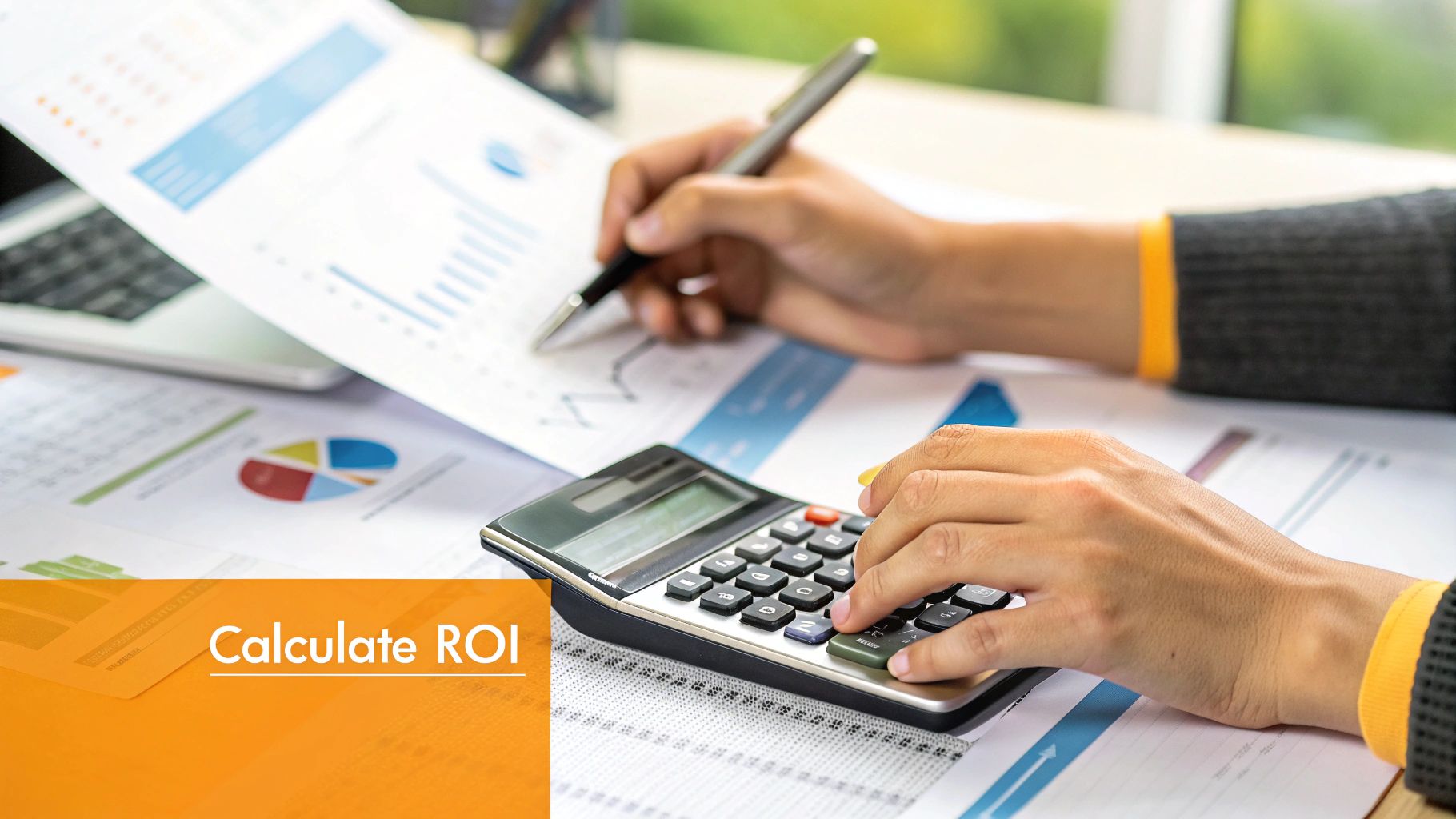 A calculator and a pen resting on a financial report, symbolizing the calculation of content marketing ROI.