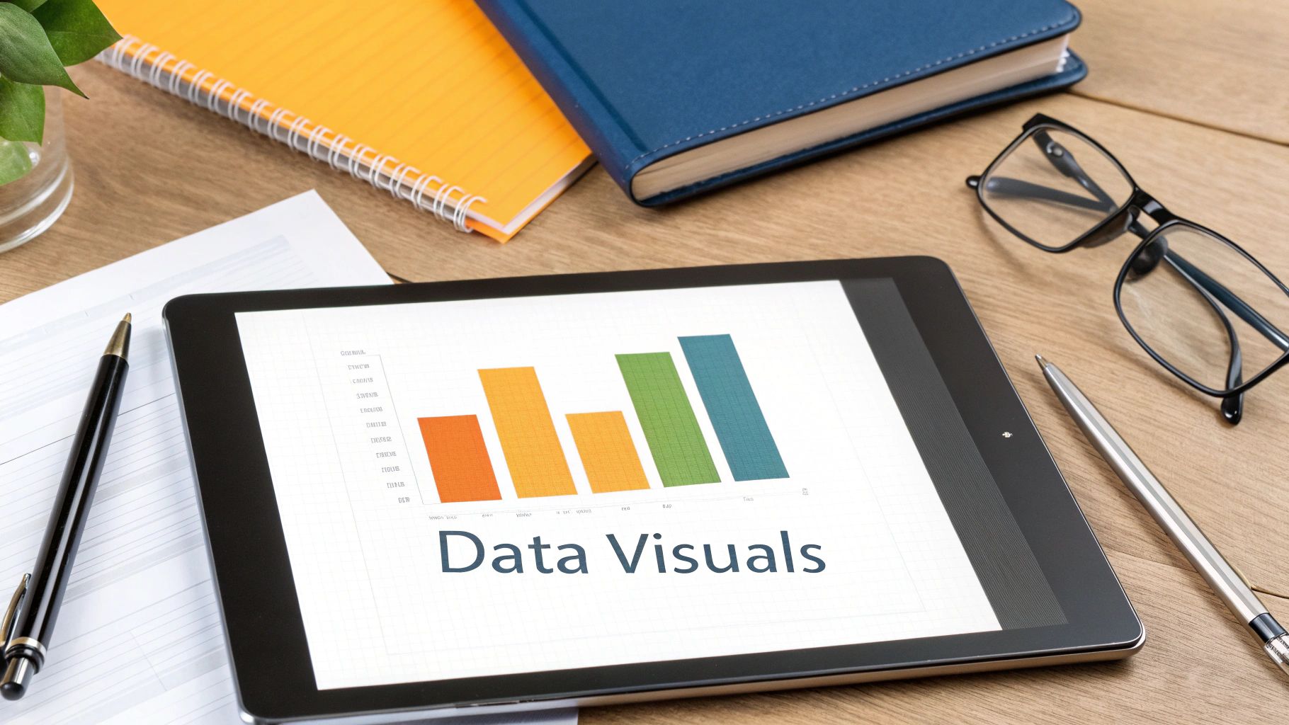 A tablet displaying a colorful bar chart and 'Data Visuals' on a wooden desk with notebooks, pens, and glasses.