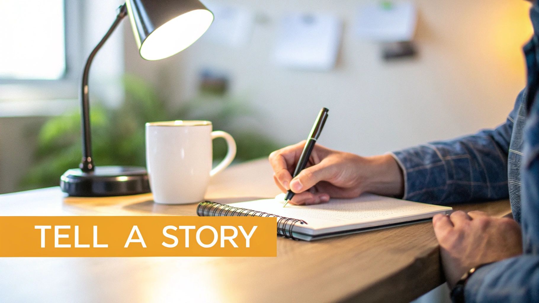 A person's hand writing with a pen in a spiral notebook on a wooden desk, illuminated by a lamp.
