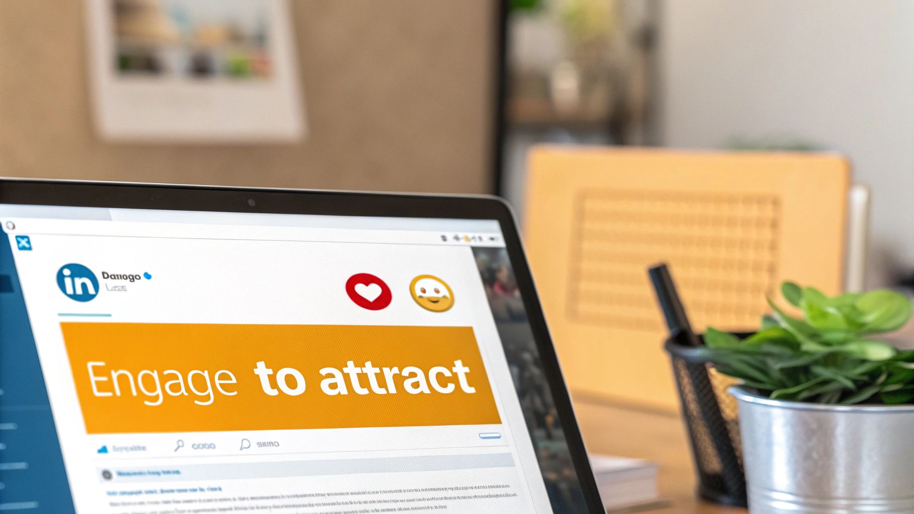 A laptop screen displaying a LinkedIn page for Danogo Leads with an orange banner saying 'Engage to attract'.