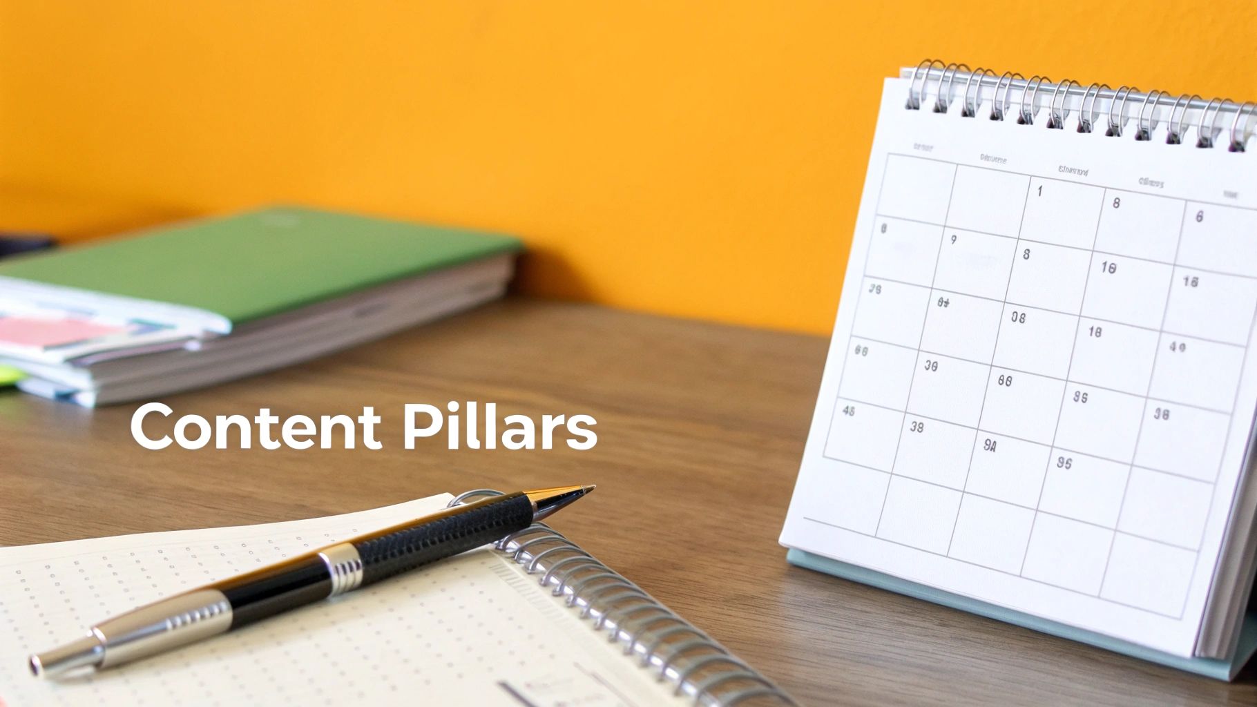 A desk with a pen on a dotted notebook, a stack of green books, and a white calendar, with 'Content Pillars' text.