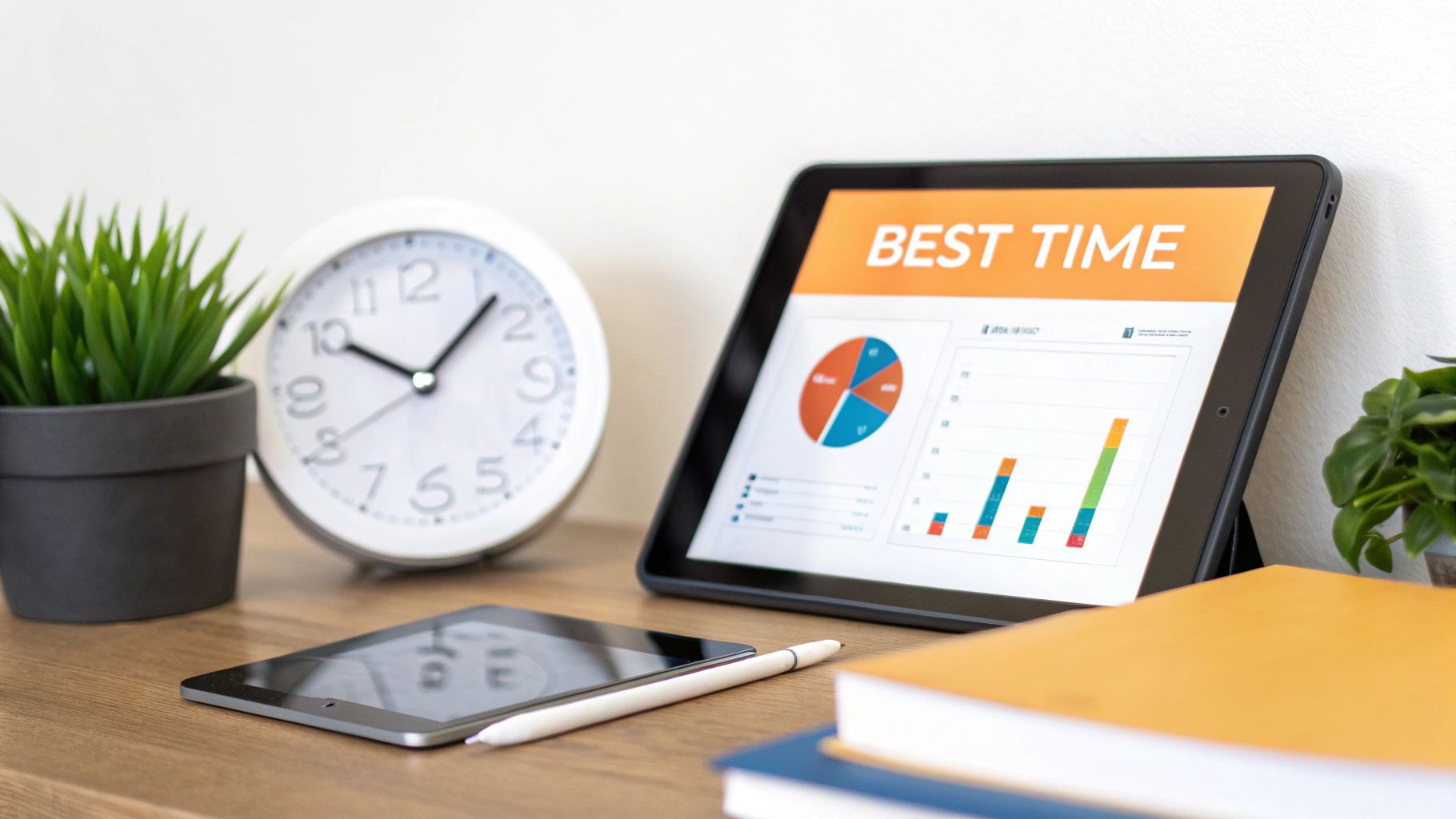 A tablet displays a 'BEST TIME' presentation with charts, alongside a clock and other office items.