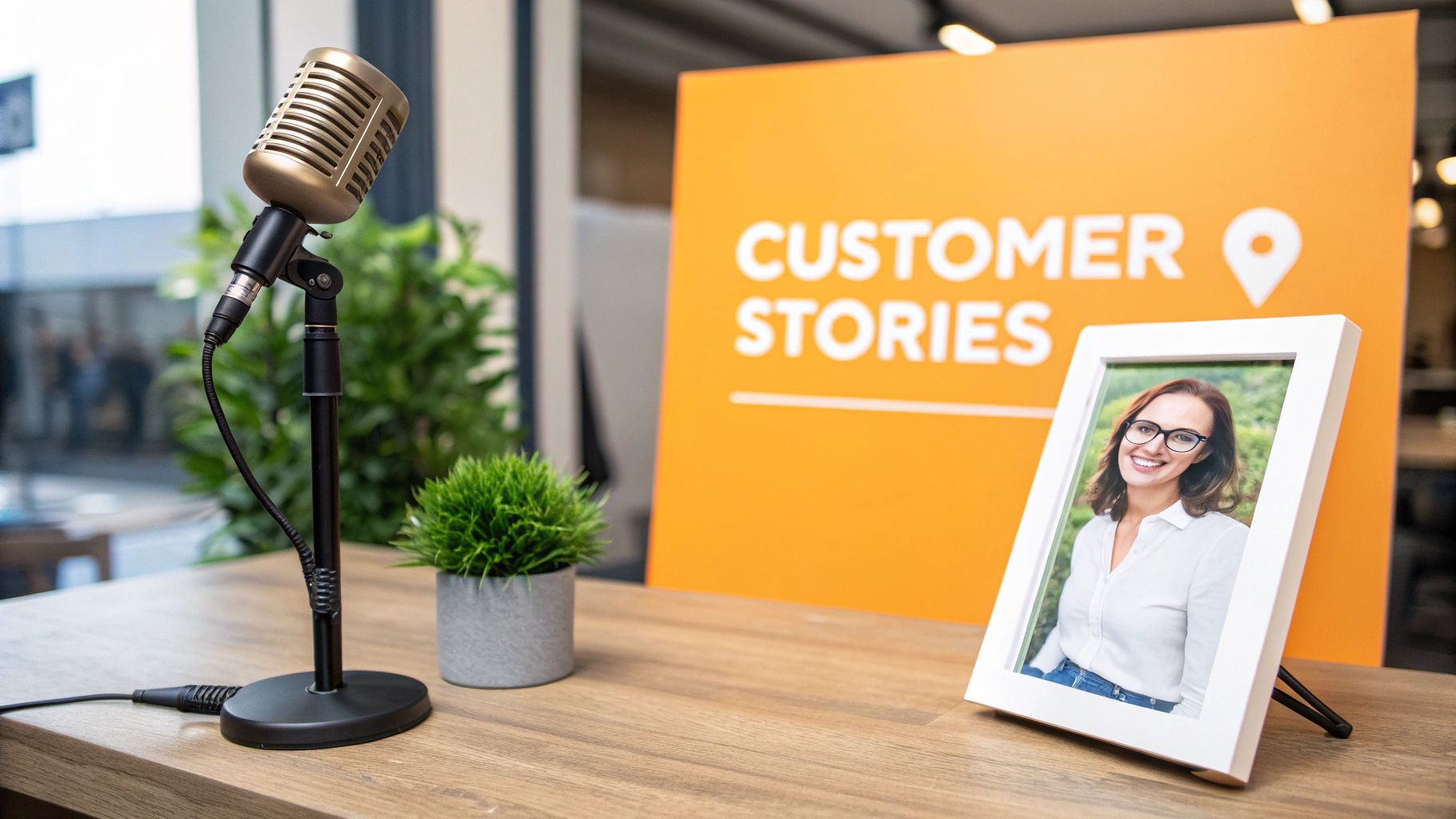 A podcast setup featuring a vintage microphone, a potted plant, and a framed photo of a smiling woman, with a 'CUSTOMER STORIES' sign in the background.