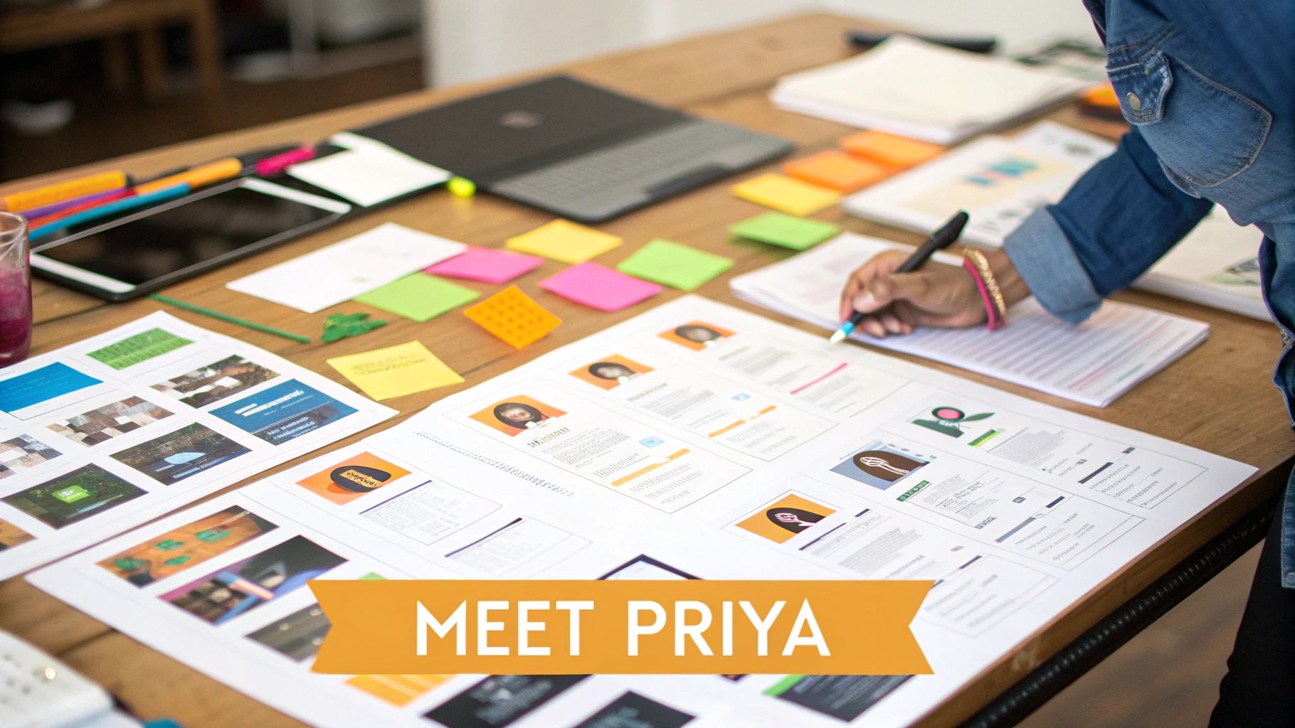 A person organizing sticky notes with customer data to build a buyer persona profile.