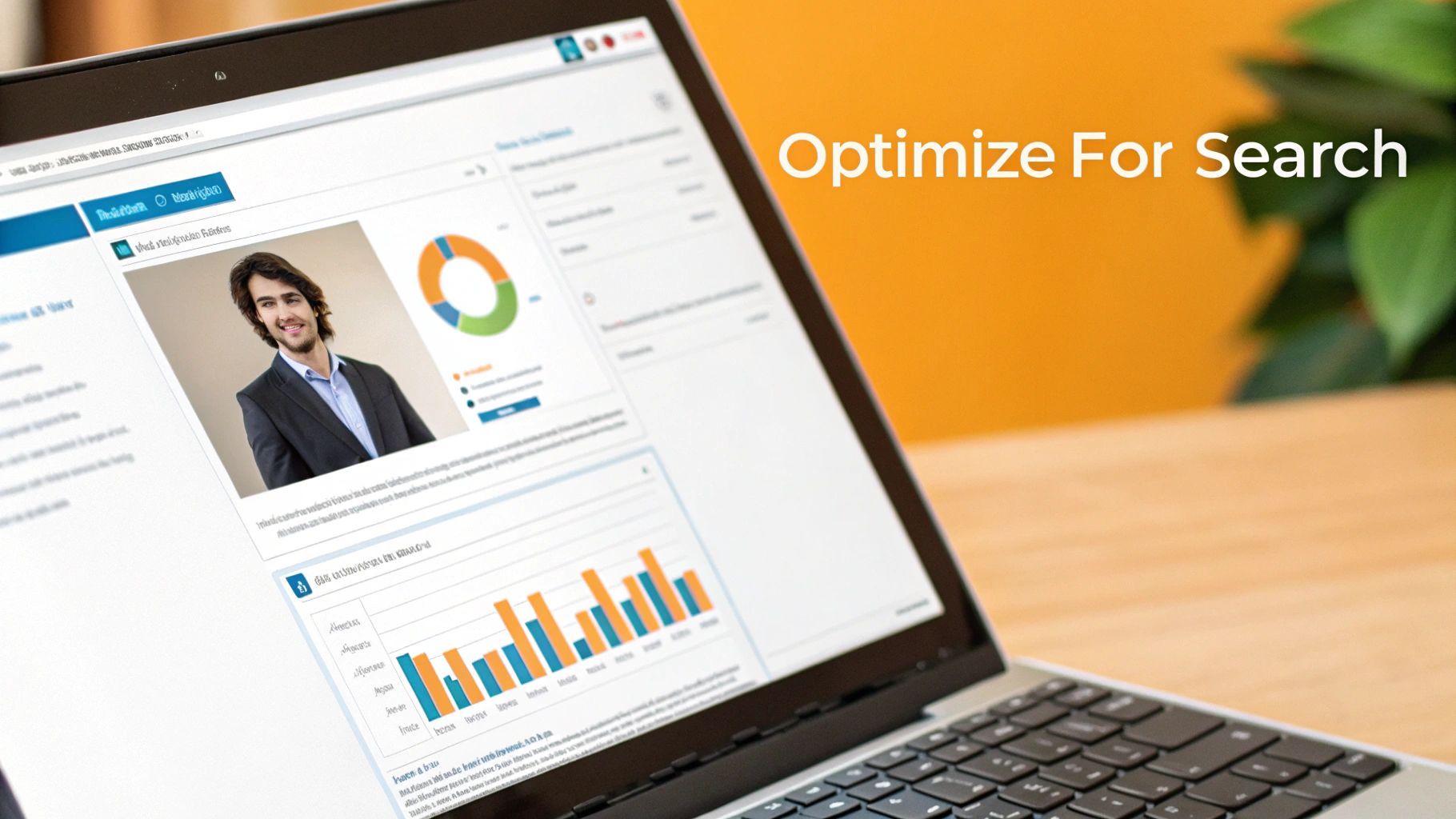 A laptop shows a professional profile with a man's photo, analytics charts, and 'Optimize For Search' text.