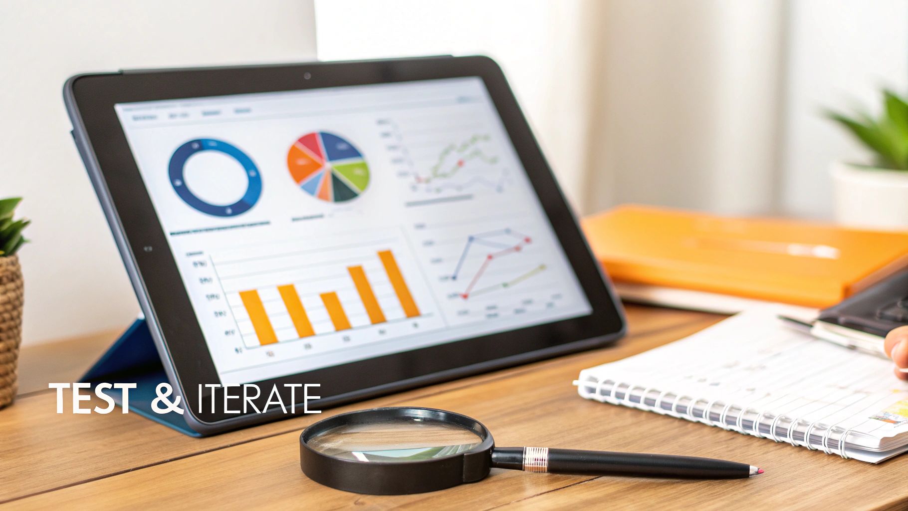 A tablet displays data analytics graphs and charts on a wooden desk with a magnifying glass.