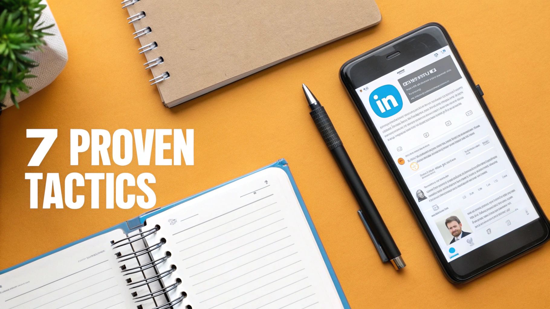 Flat lay of a workspace with a phone showing the LinkedIn app, notebooks, pen, and '7 Proven Tactics' text.