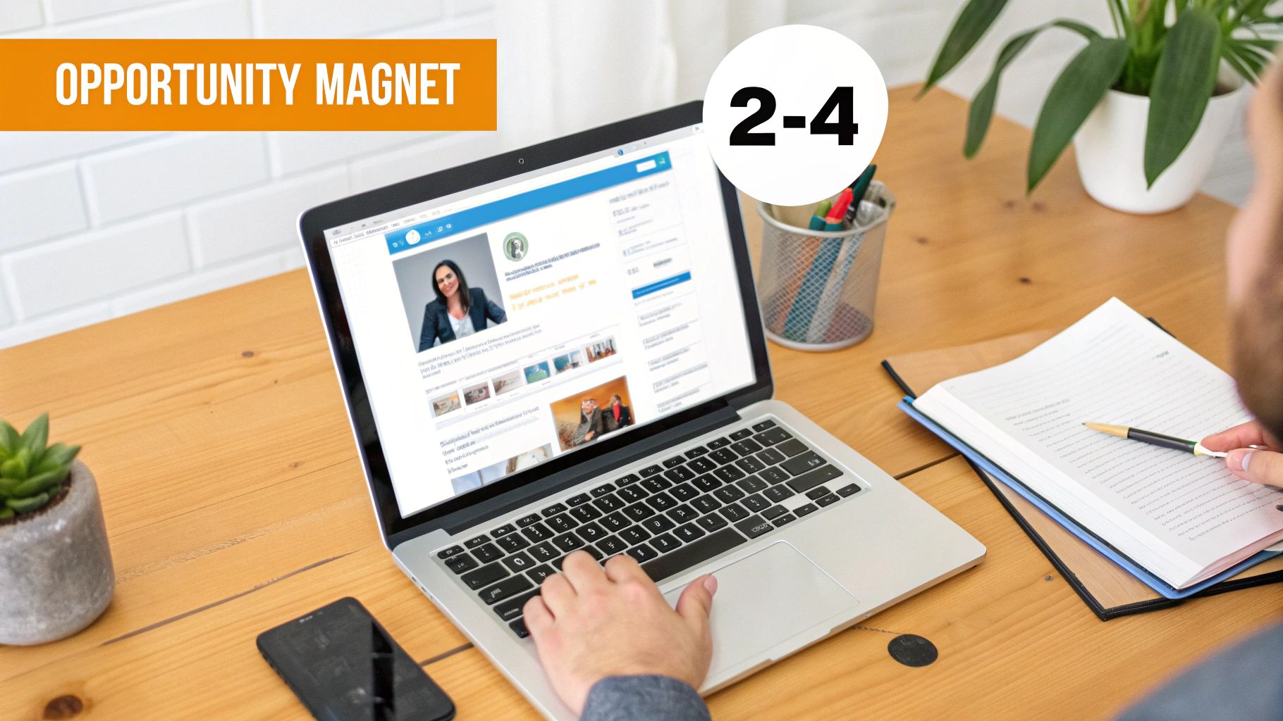 A person works on a laptop displaying a professional profile, with a notebook, pen, and phone on a wooden desk.