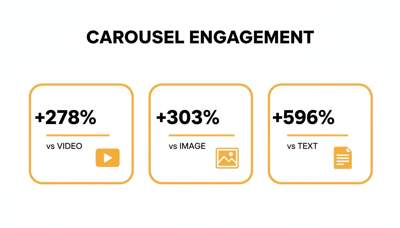 Infographic displaying carousel post engagement is significantly higher than video, image, or text posts.