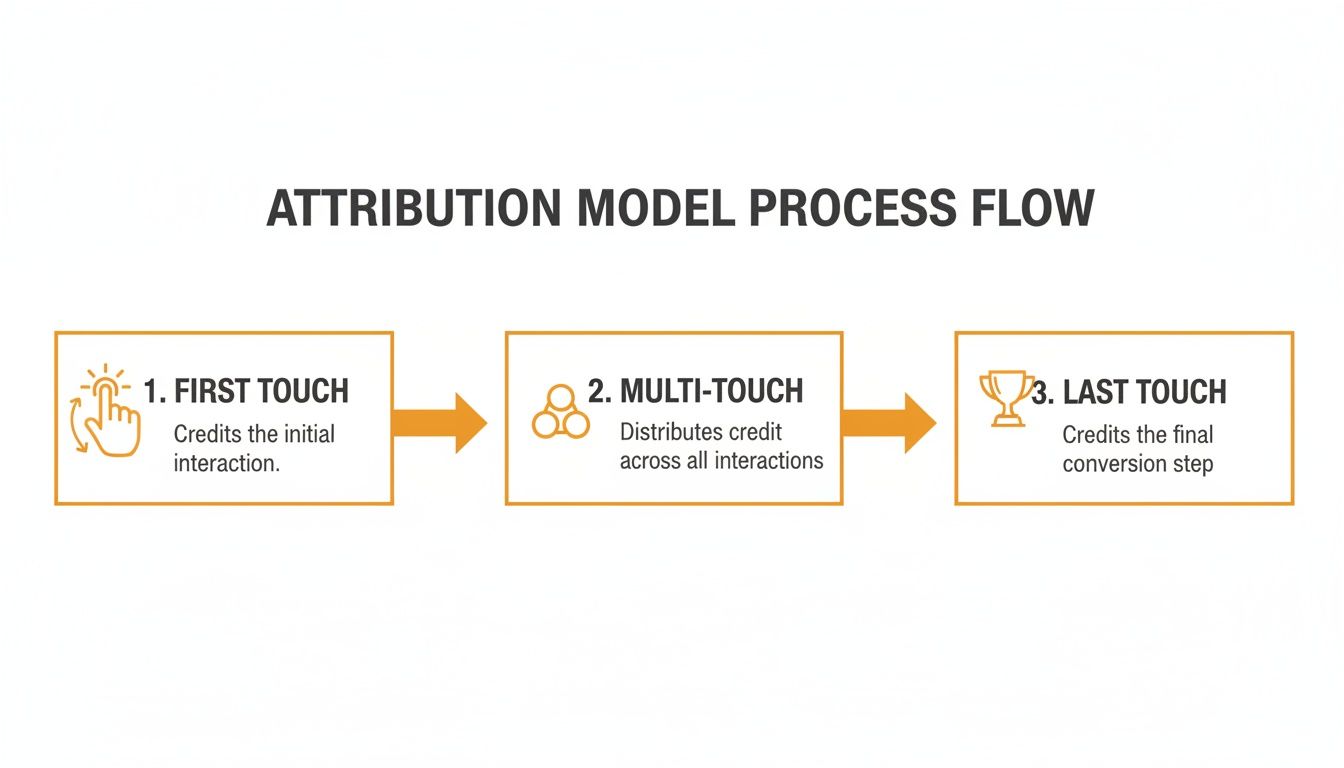 Attribution model process flow illustrating first touch, multi-touch, and last touch credit distribution.