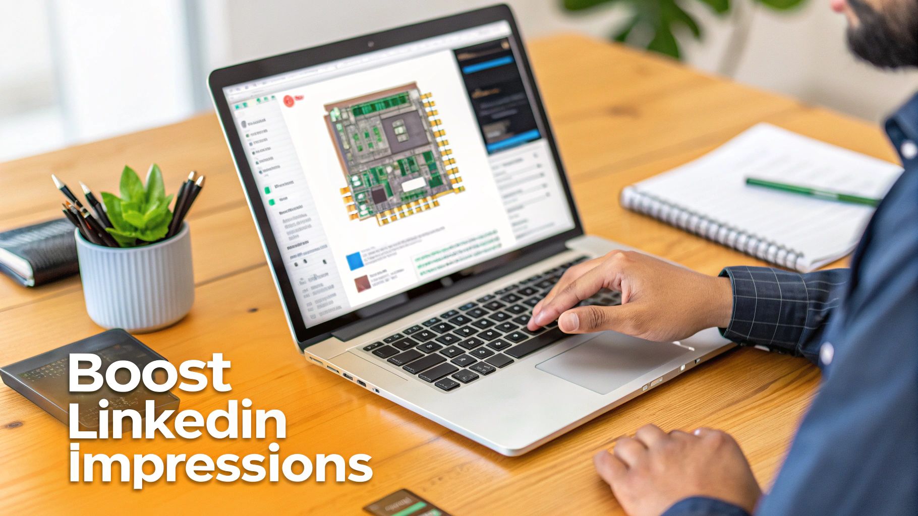 A person works on a laptop displaying a circuit board design, alongside office supplies on a wooden desk.