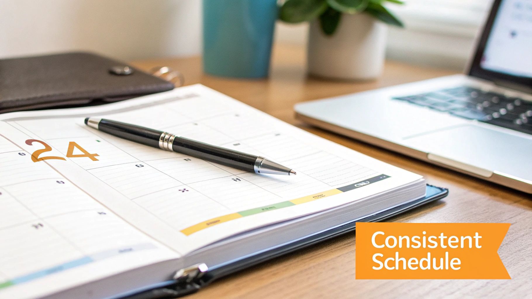 An open planner on a desk showing the number 24, with a pen, laptop, and a 'Consistent Schedule' banner.