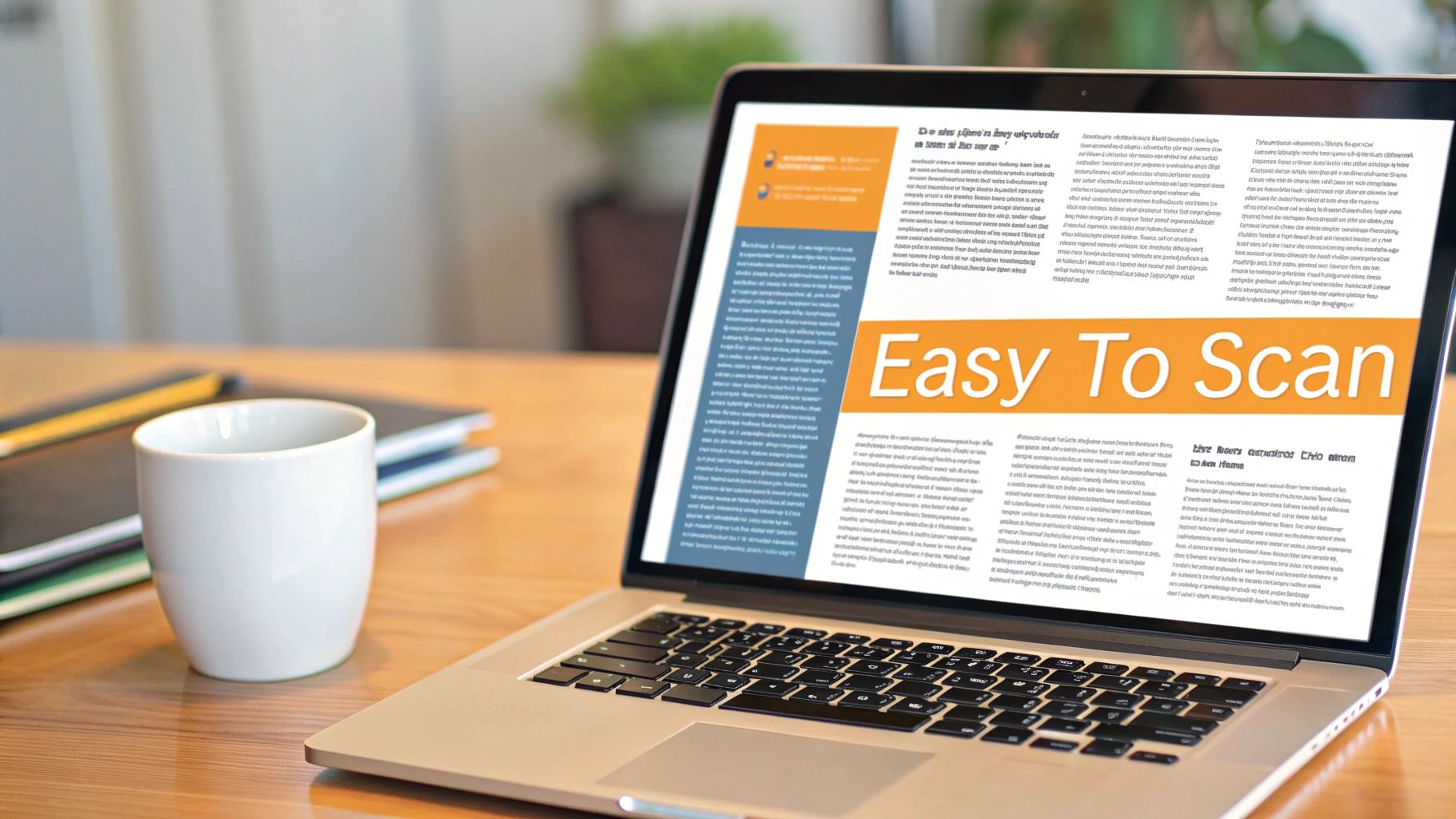 A laptop on a wooden desk displays a document with 'Easy To Scan' text, beside a white mug and notebooks.