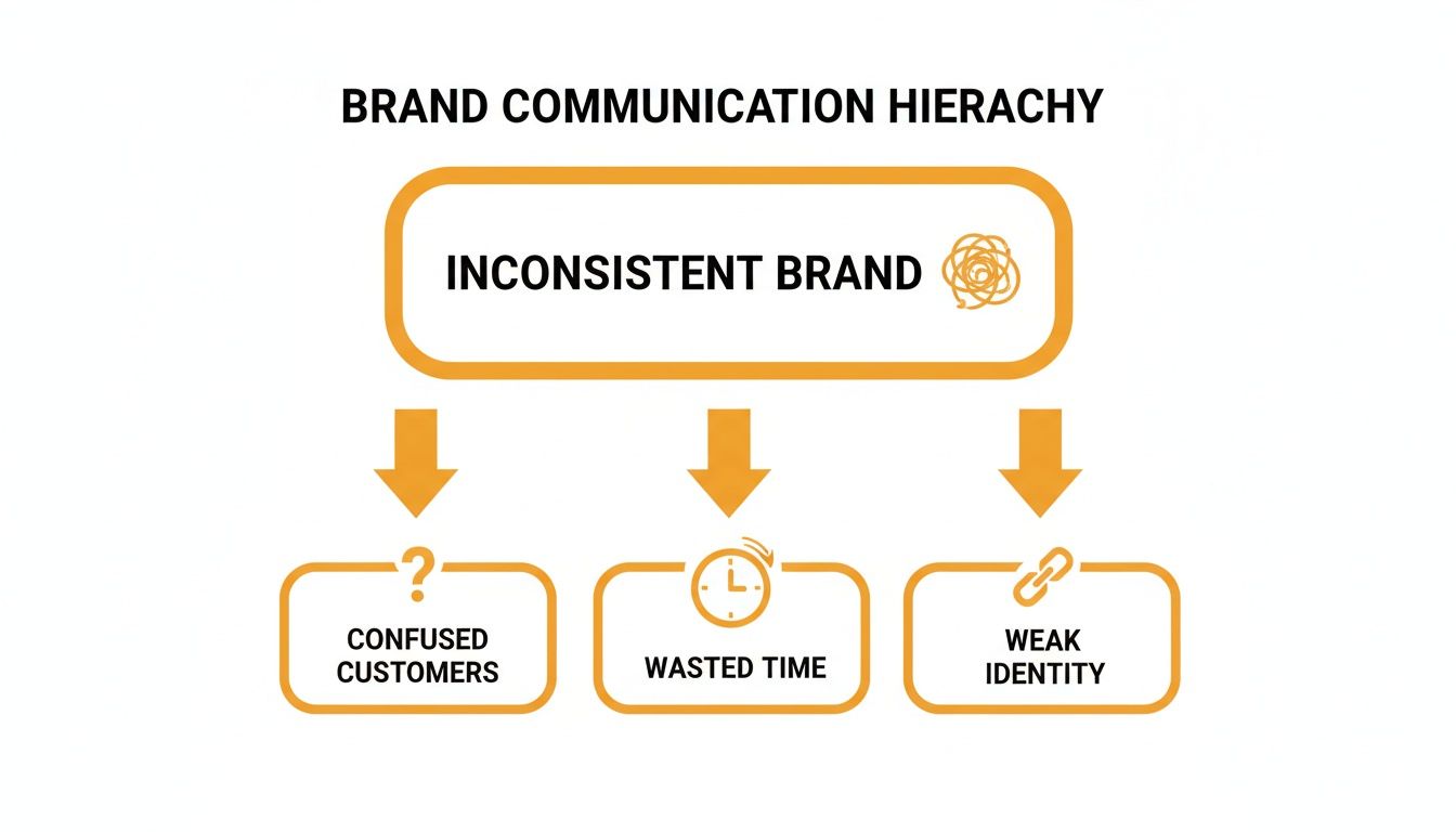 Flowchart showing an inconsistent brand leads to confused customers, wasted time, and weak identity.